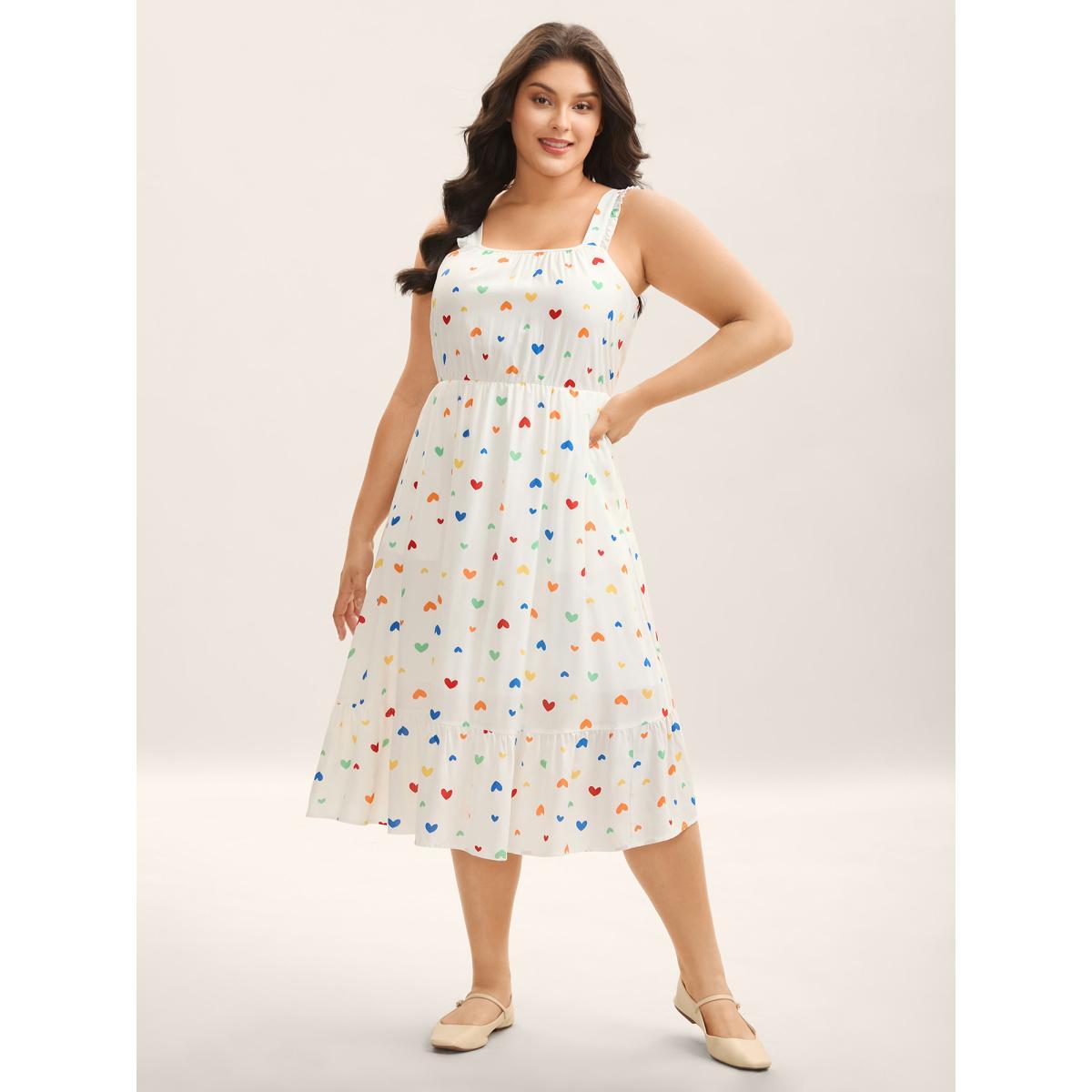 Plus Size Colorful Hearts Print Pockets Midi Dress Ivory Women Square Neck Sleeveless Curvy BloomChic 10/M Product Image