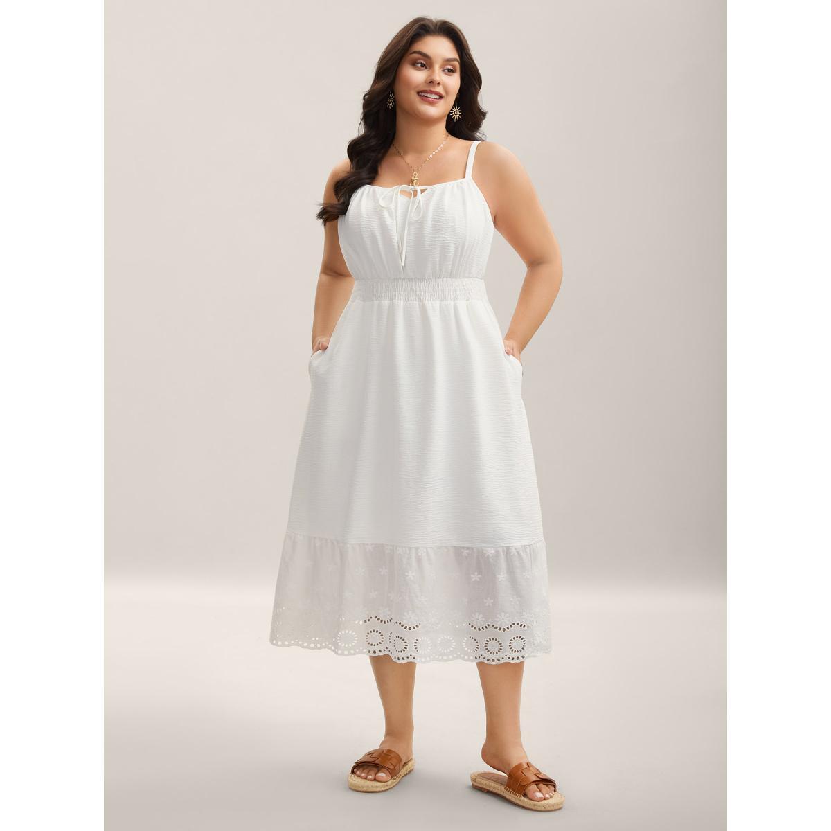 Plus Size Embroidered Shirred Waist Adjustable Midi Dress Originalwhite Women Square Neck Sleeveless Curvy BloomChic 28/5X Product Image