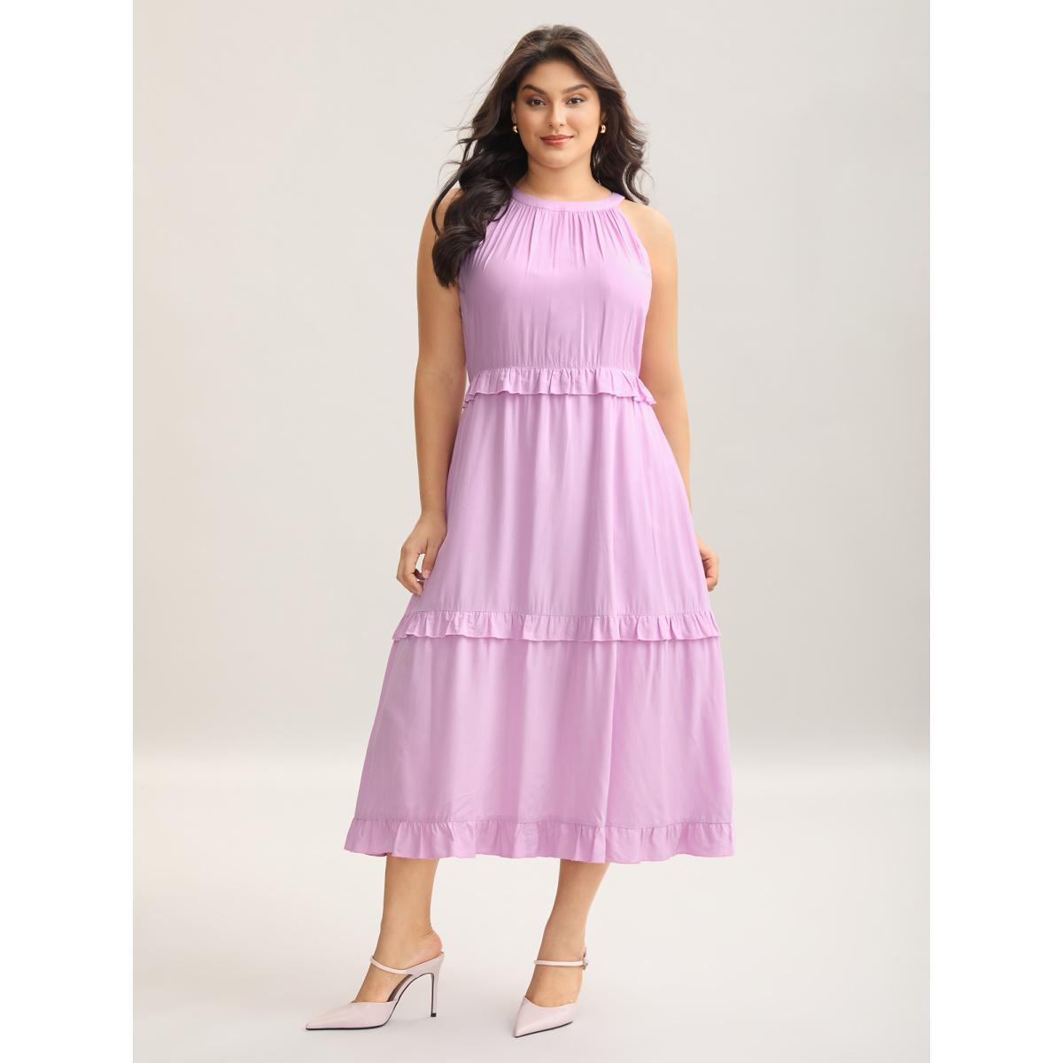 Plus Size Halter Neck Tiered Ruffles Pocket Midi Dress Lilac Women Halter neck Sleeveless Curvy BloomChic 12/L Product Image