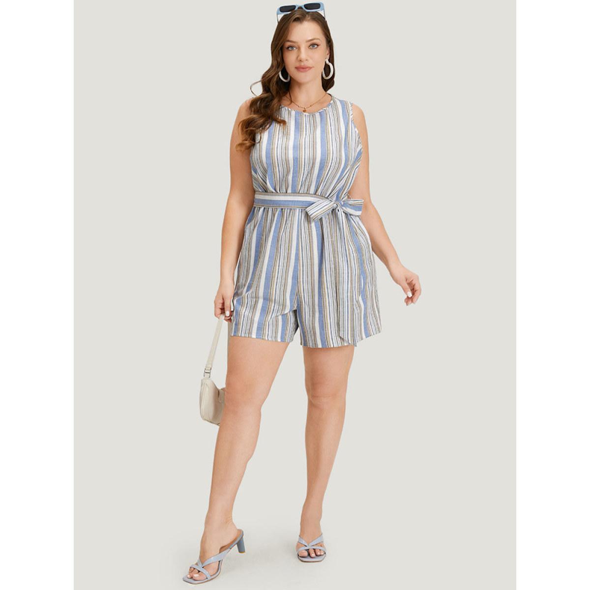Plus Size Blue Striped Pocket Cut Out Knot Sleeveless Jumpsuit Women Elegant Sleeveless Round Neck Dailywear Loose Jumpsuits BloomChic 26/4X Product Image