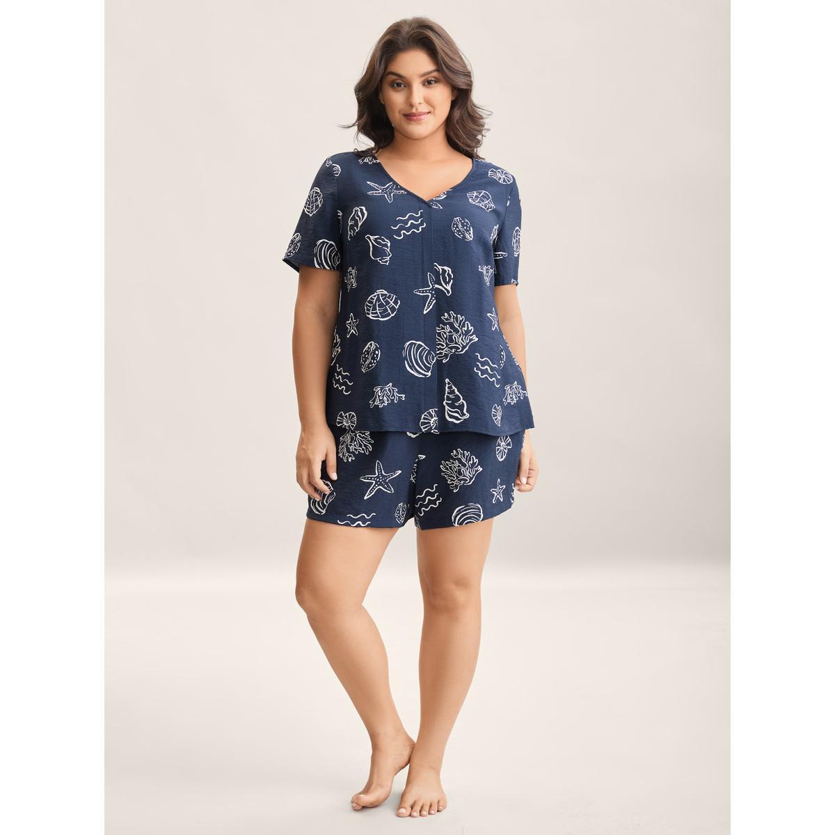 Plus Size Seashore Print Lounge Co-Ord Set Women Indigo Non Short sleeve V-neck Loungewear Sets BloomChic 22-24/3X Product Image