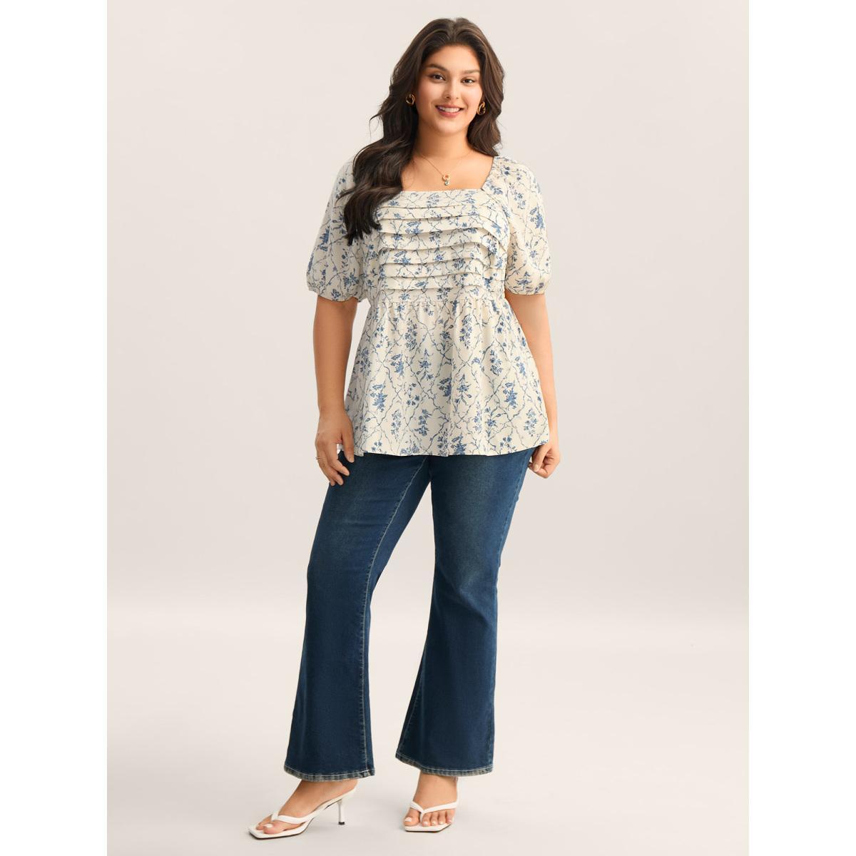 Plus Size Beige Floral Pleated Bodice Puffy Sleeve Blouse Women Half Sleeve Square Neck Everyday-Elegant Blouses BloomChic 26/4X Product Image