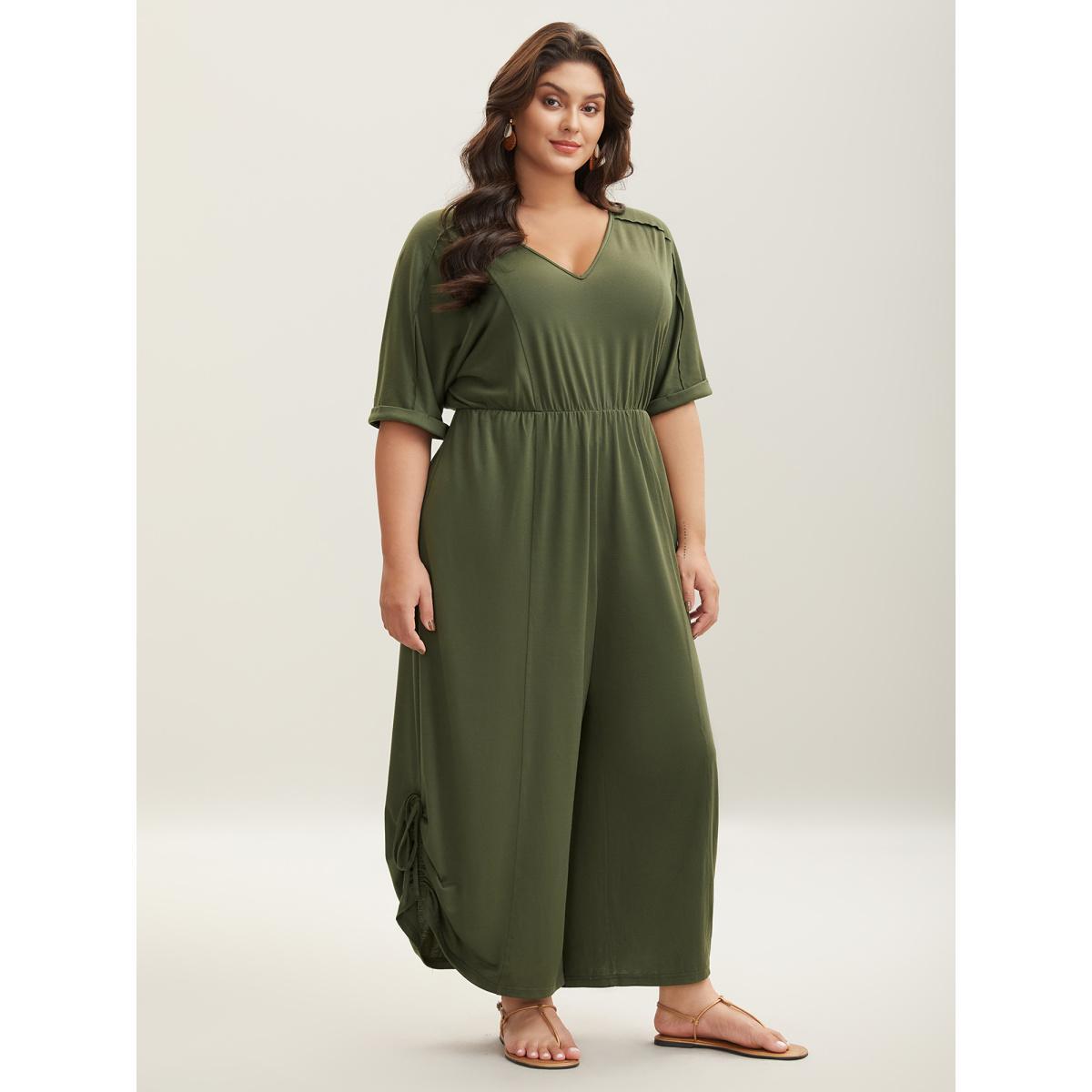 Plus Size ArmyGreen Tie-Up Hem Pull-Over Stretch Jumpsuit Women Short sleeve V-neck Vacation Loose Jumpsuits BloomChic 30/6X Product Image