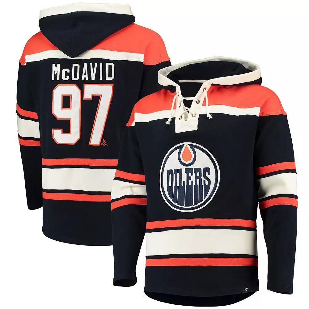 Men's '47 Connor McDavid Navy Edmonton Oilers Player Name & Number Lacer Pullover Hoodie, Size: 2XL, Oil Blue Product Image