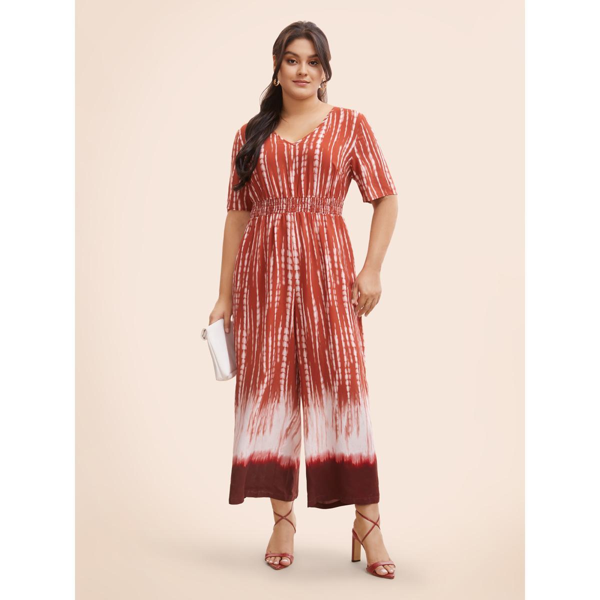 Plus Size Multicolor V Neck Gradient Dyeing Shirred Jumpsuit Women At the Office Half Sleeve V-neck Work Loose Jumpsuits BloomChic 14-16/1X Product Image