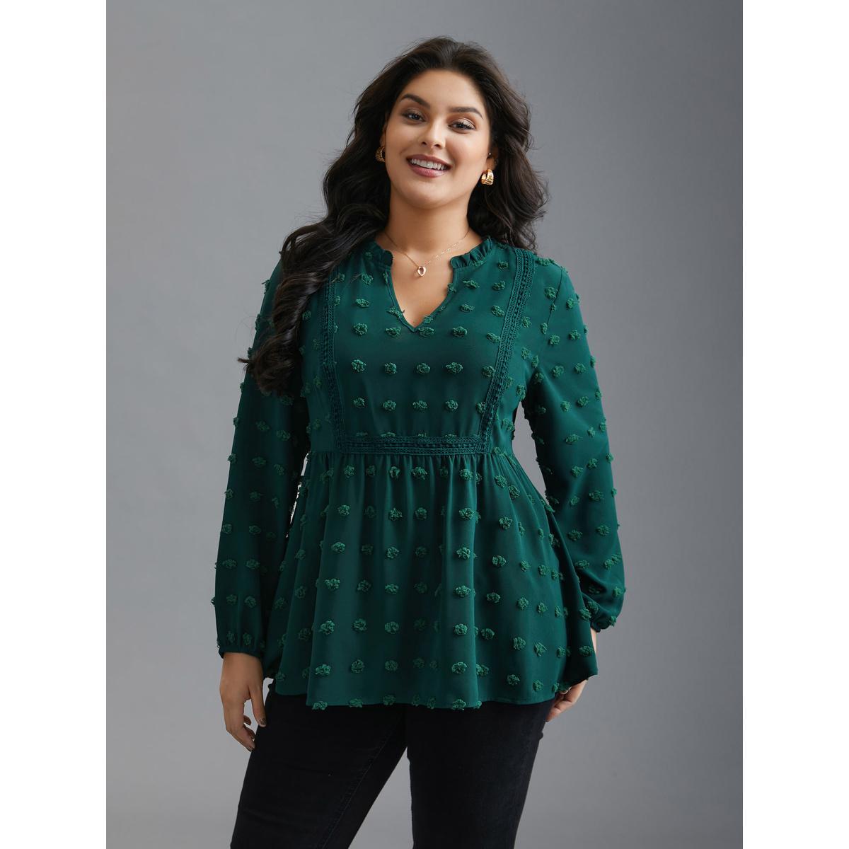 Plus Size DarkGreen Notched Collar Ruffle Trim Textured Blouse Women Elegant Extra Long Sleeve V-neck Everyday Blouses BloomChic 30/6X Product Image