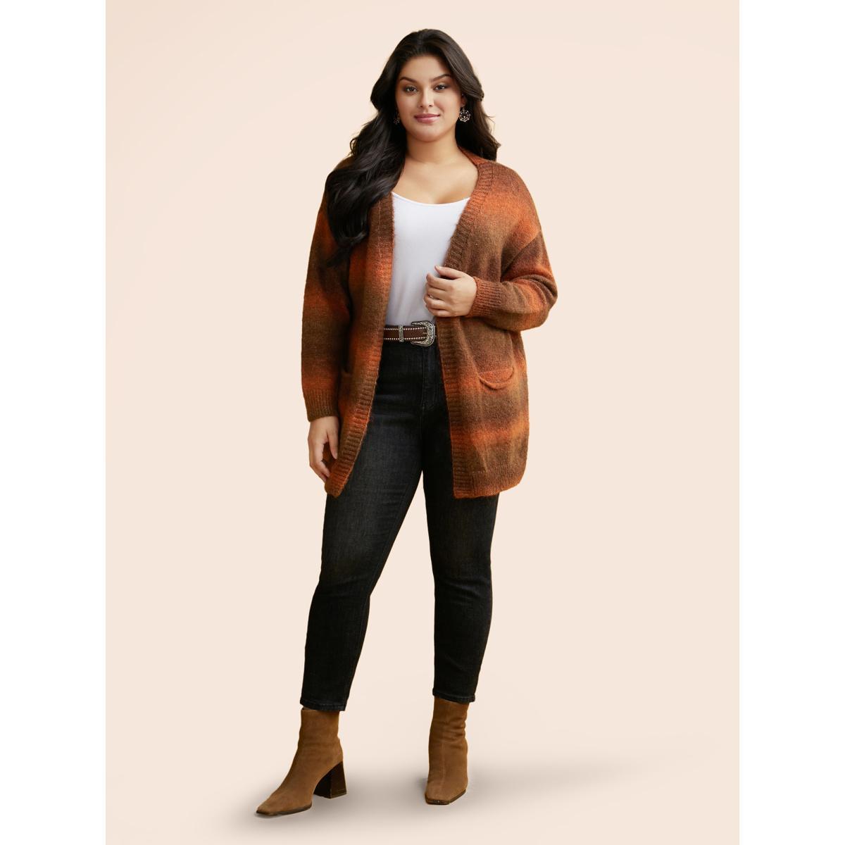 Plus Size Gradient Dye Design Pockets Cardigan Yellowishbrown Women Basics Loose Long Sleeve Everyday Cardigans BloomChic 22-24/3X Product Image