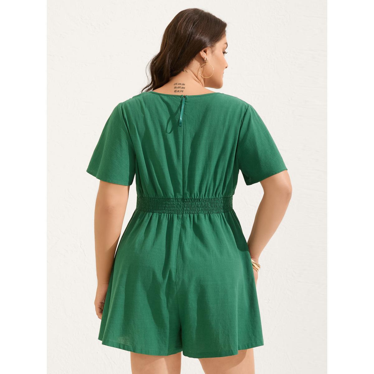 Plus Size DarkGreen Cinched-Waist V-Neck Solid Romper Women Short sleeve Non Vacation Loose Jumpsuits BloomChic 22-24/3X Product Image