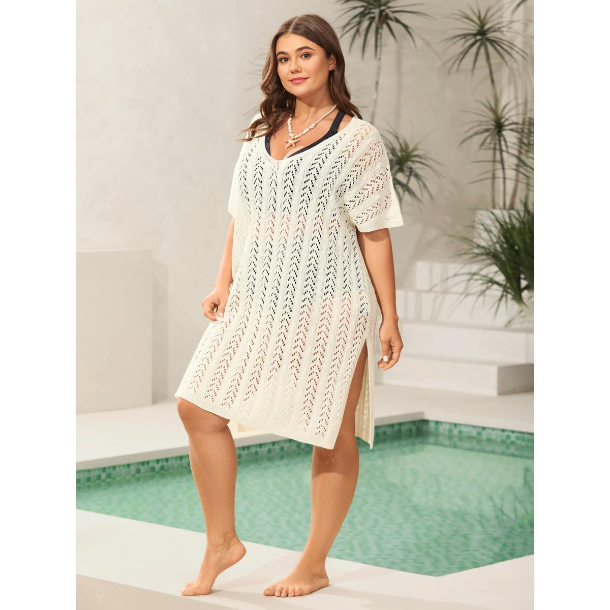 Plus Size Cut Out Textured Side Slit Swim Cover-Up Women's Swimwear Ivory Beach Loose Texture Curve Swim Cover Ups BloomChic 18-20/2X Product Image