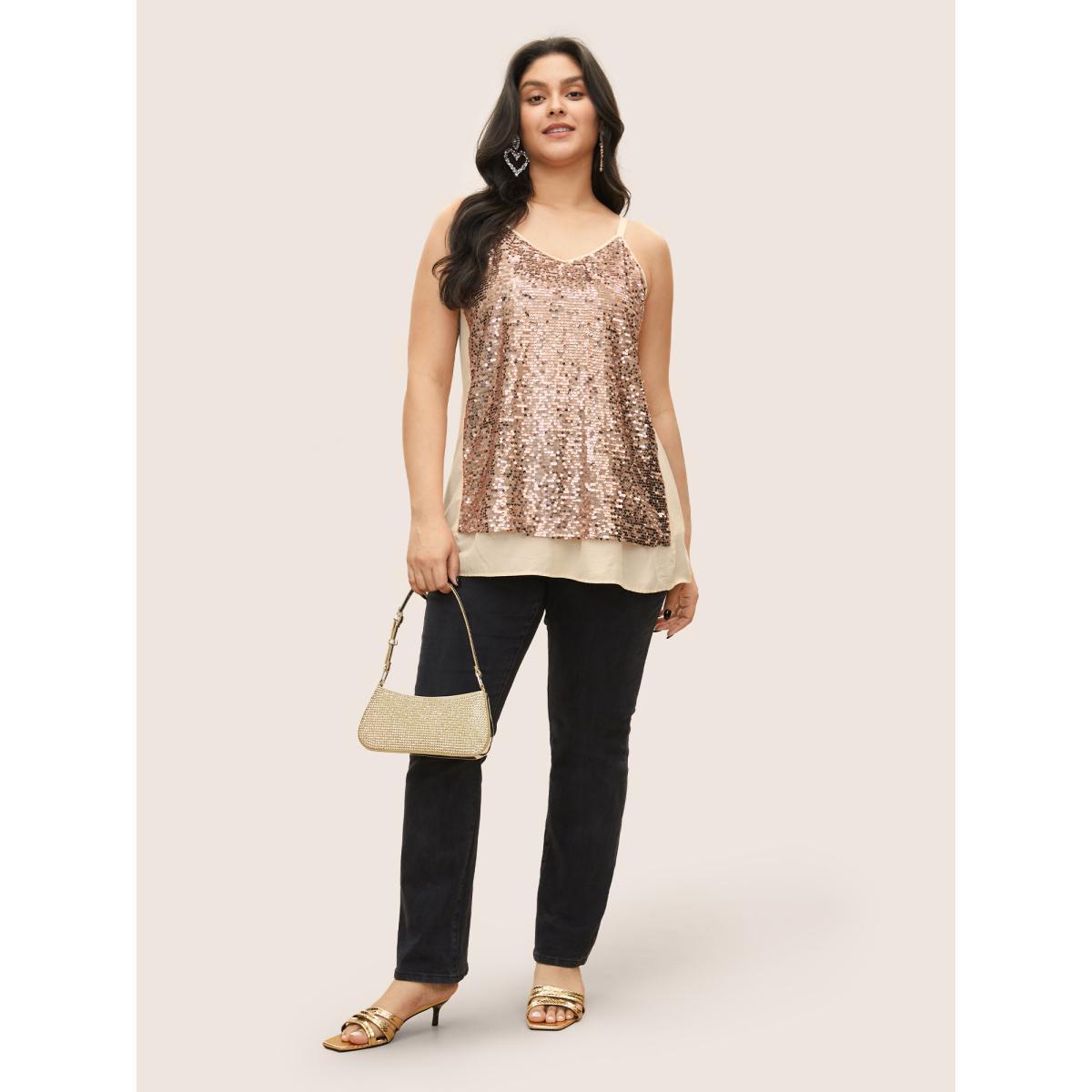 Plus Size Sequin Patchwork Adjustable Straps Cami Top Women Champagne Cocktail Tiered Party Tank Tops Camis BloomChic 12/L Product Image