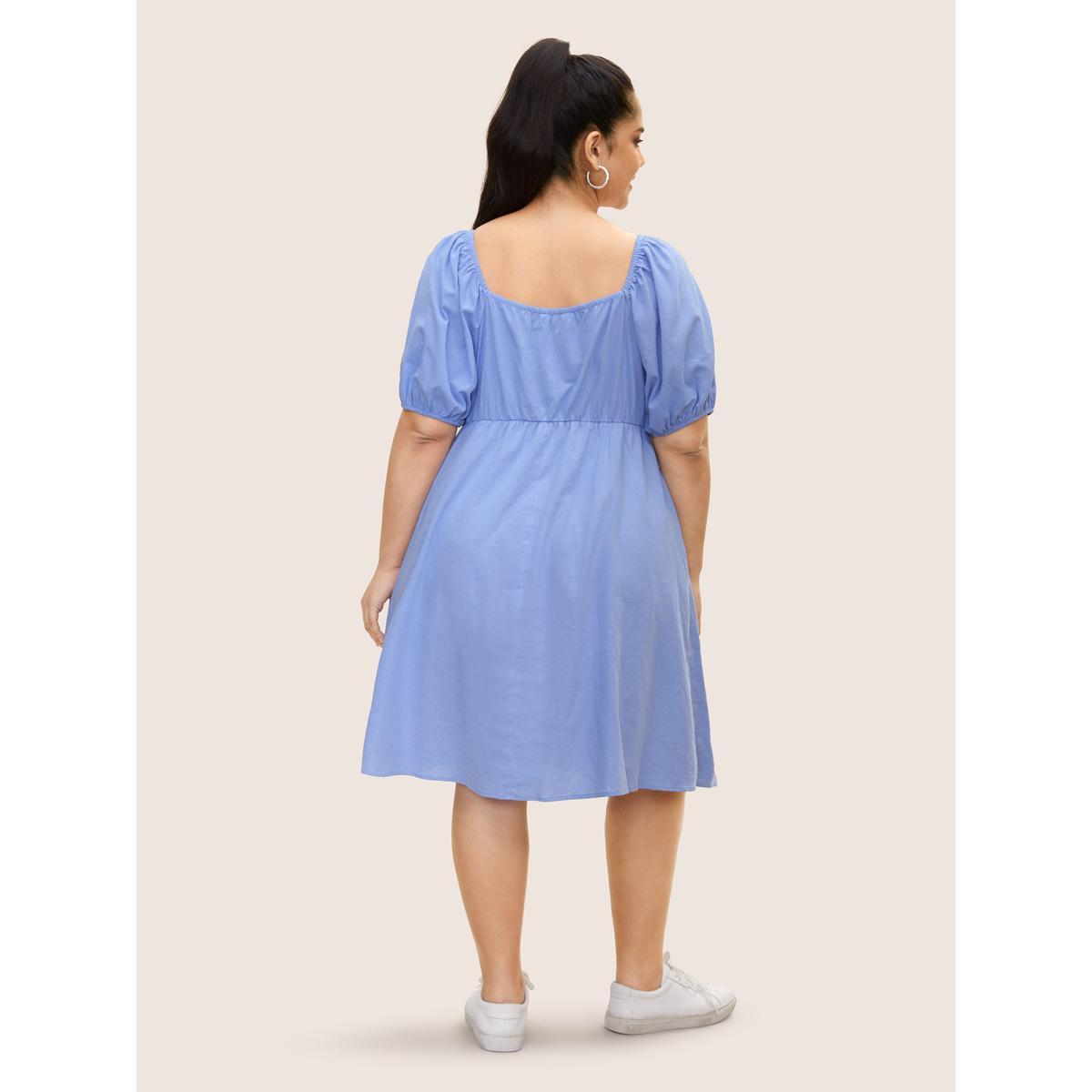 Plus Size Square Neck Plain Pleated Puff Sleeve Dress Stone Women Casual Square Neck Short sleeve Curvy BloomChic 18-20/2X Product Image