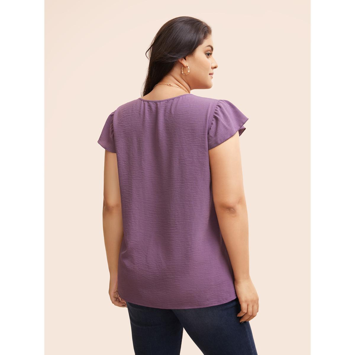Plus Size Mauve Solid Gathered Flutter Trim Blouse Women Elegant Cap Sleeve Round Neck Dailywear Blouses BloomChic 14-16/1X Product Image