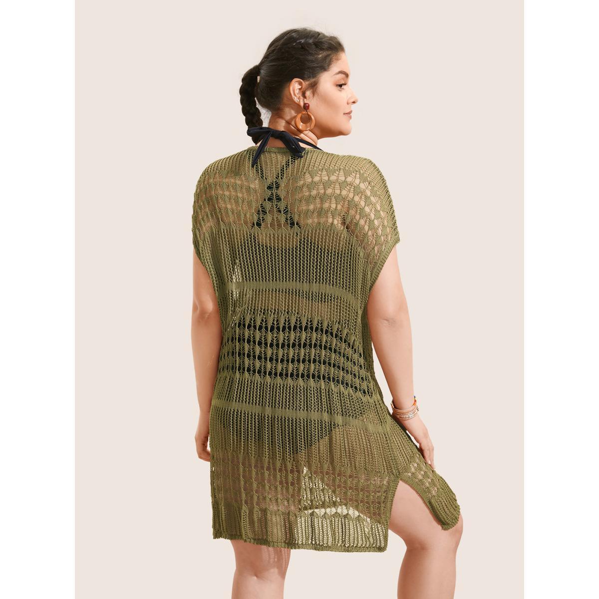 Plus Size Solid Cut Out See Through Lace Up Swim Cover Up Women's Swimwear Olive Beach Tie knot Curve Swim Cover Ups BloomChic 26/4X Product Image
