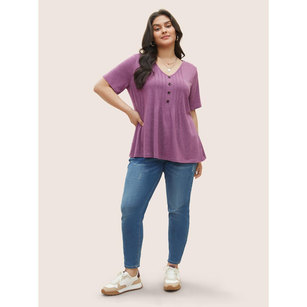 Plus Size Solid Pleated Front Button Detail V Neck T-shirt Purple Women Casual Button Plain V-neck Everyday T-shirts BloomChic 22-24/3X Product Image