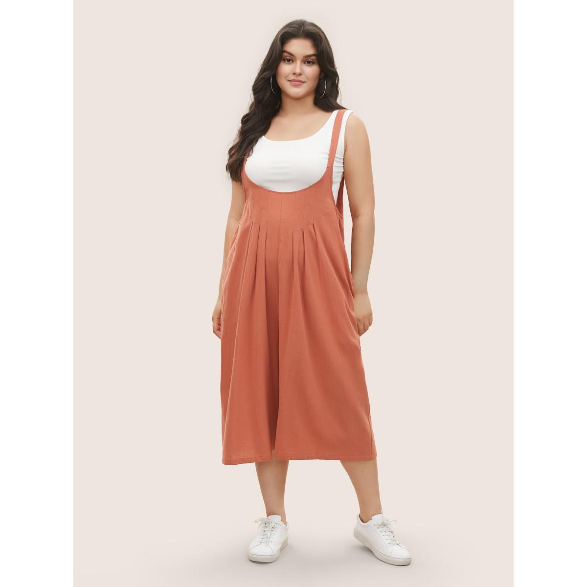 Plus Size Rust Solid Texture Pleated Adjustable Straps Jumpsuit Women Casual Sleeveless Non Everyday Loose Jumpsuits BloomChic 30/6X Product Image