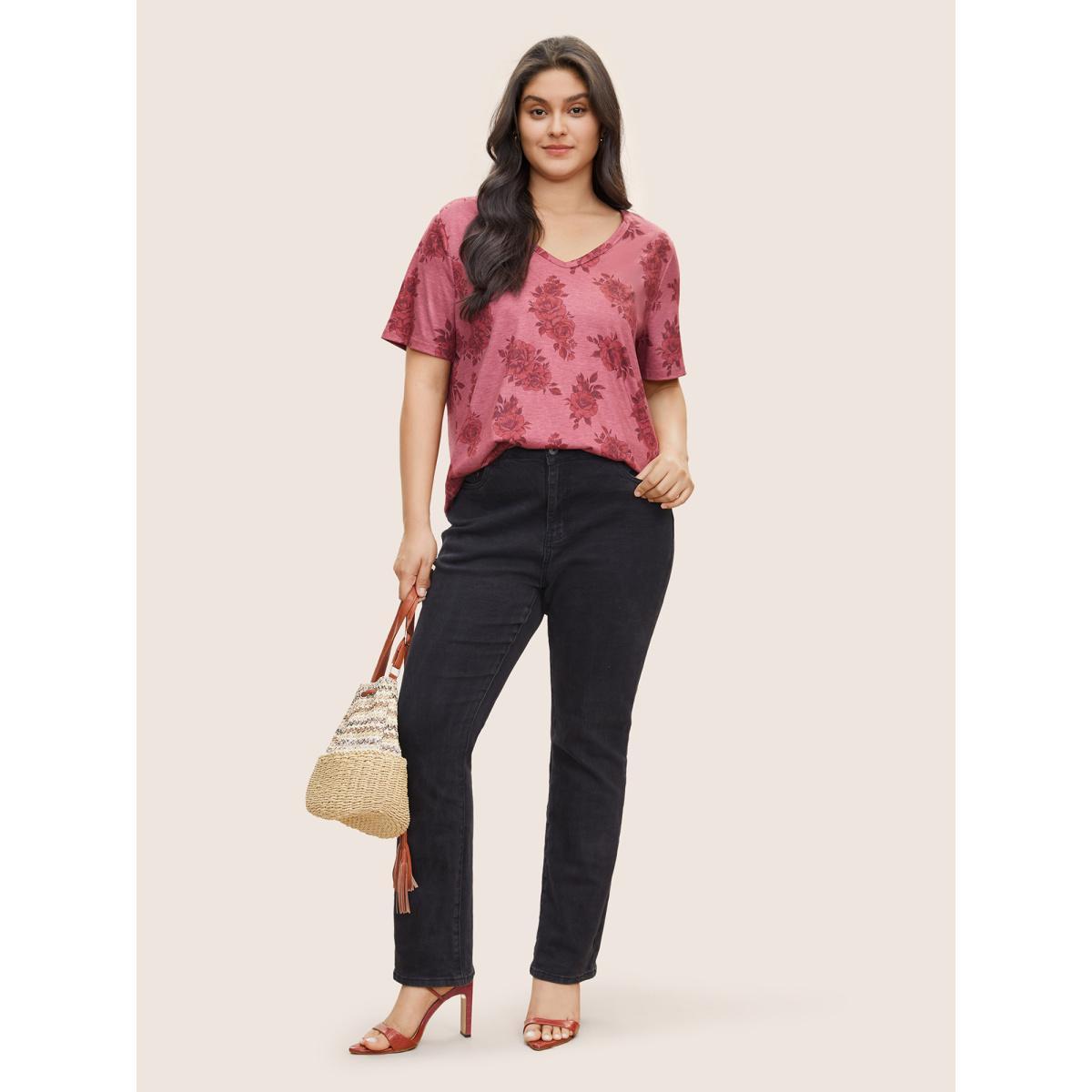 Plus Size Rose Floral Print V Neck T-shirt Rouge Women Elegant Non Floral V-neck Everyday T-shirts BloomChic 30/6X Product Image