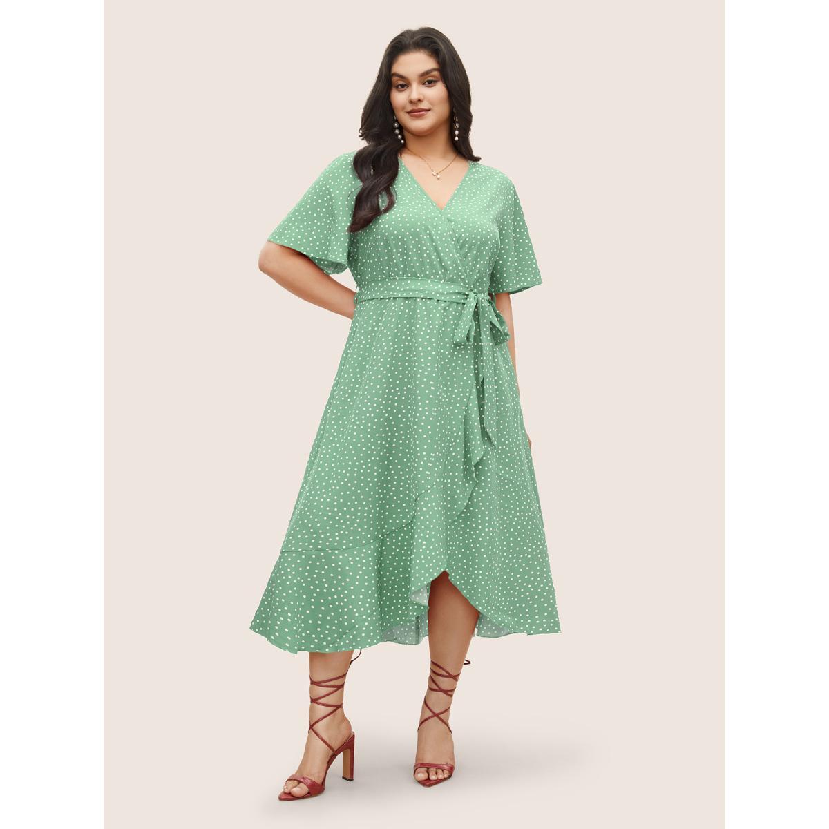 Plus Size Polka Dot Surplice Neck Belted Arc Hem Dress Palemauve Women Elegant Non Overlap Collar Short sleeve Curvy Midi Dress BloomChic 14-16/1X Product Image
