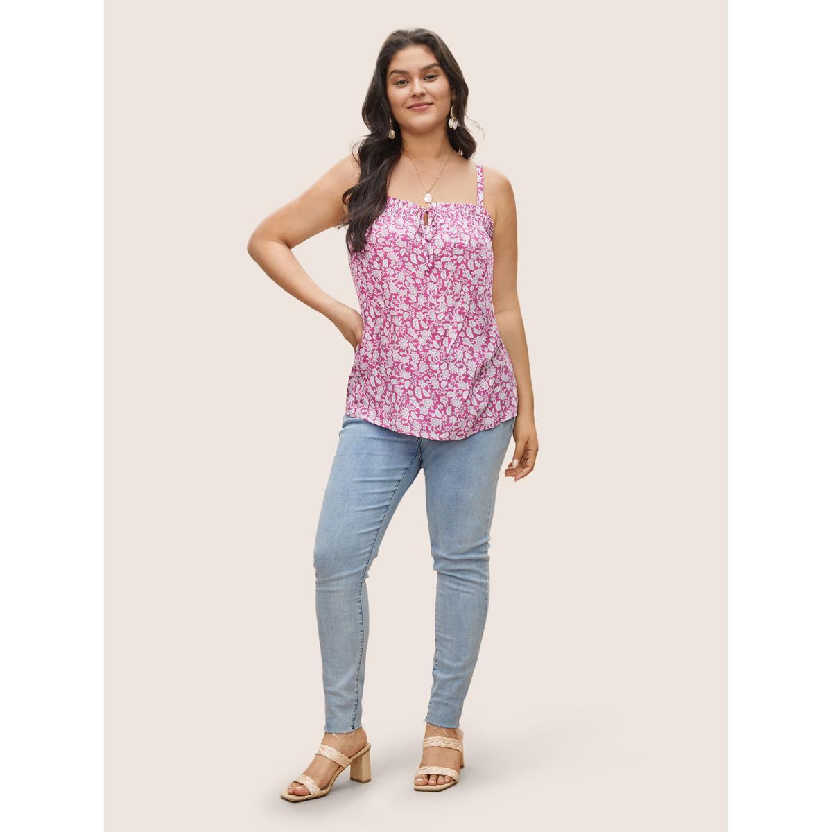 Plus Size Boho Print Shirred Ties Cami Top Women RedViolet Resort Tie knot Vacation Tank Tops Camis BloomChic 12/L Product Image