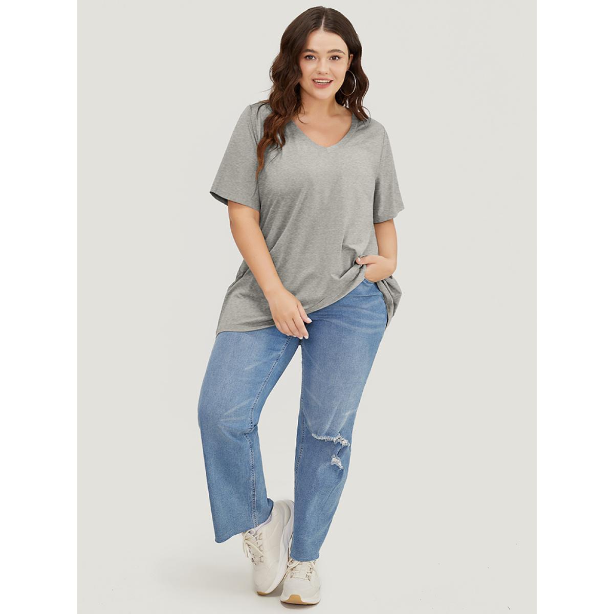 Plus Size UltraCool Solid V Neck T-shirt Gray Women Basics Plain V-neck Dailywear T-shirts BloomChic 12/L Product Image