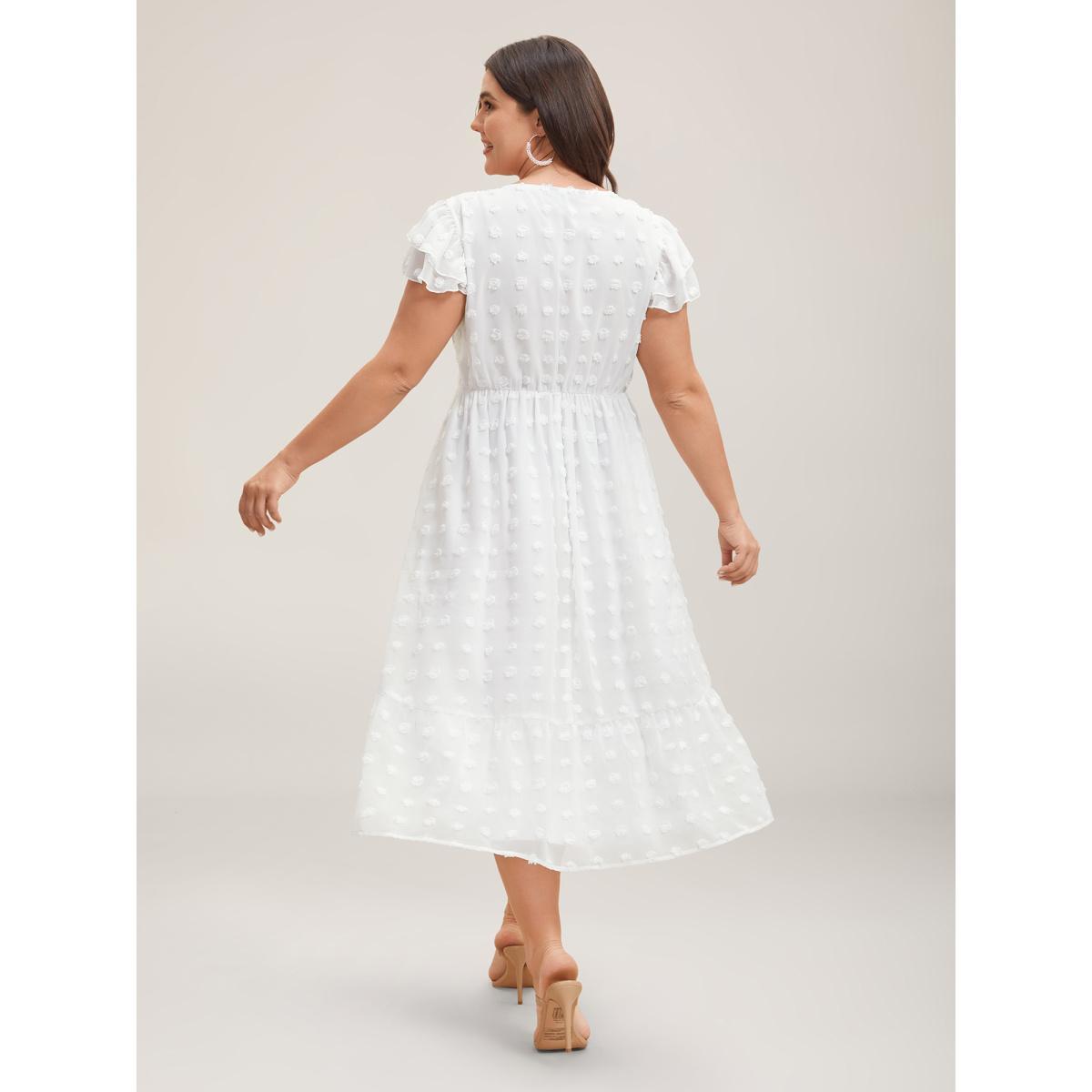Plus Size Textured Plain Tiered Ruffles Sleeve Dress Originalwhite Women Elegant Woven ribbon&lace trim Round Neck Cap Sleeve Curvy BloomChic 12/L Product Image