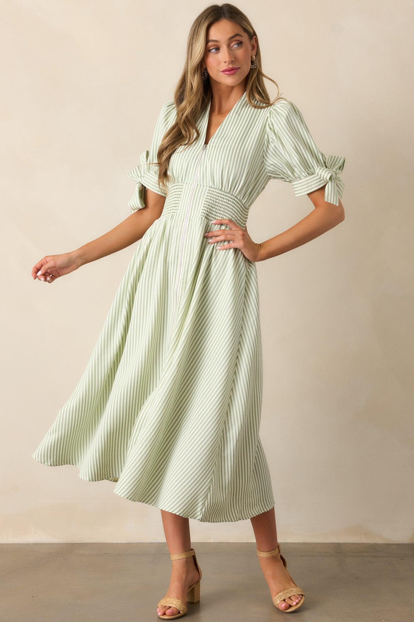 Afternoon Tea Green Stripe Zip Front Midi Dress Product Image
