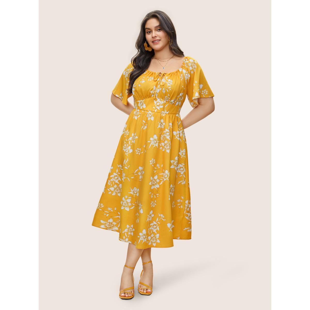 Plus Size Floral Print Knot Neck Patchwork Ruffle Sleeve Dress Yellow Women Elegant Non V-neck Short sleeve Curvy Midi Dress BloomChic 26/4X Product Image