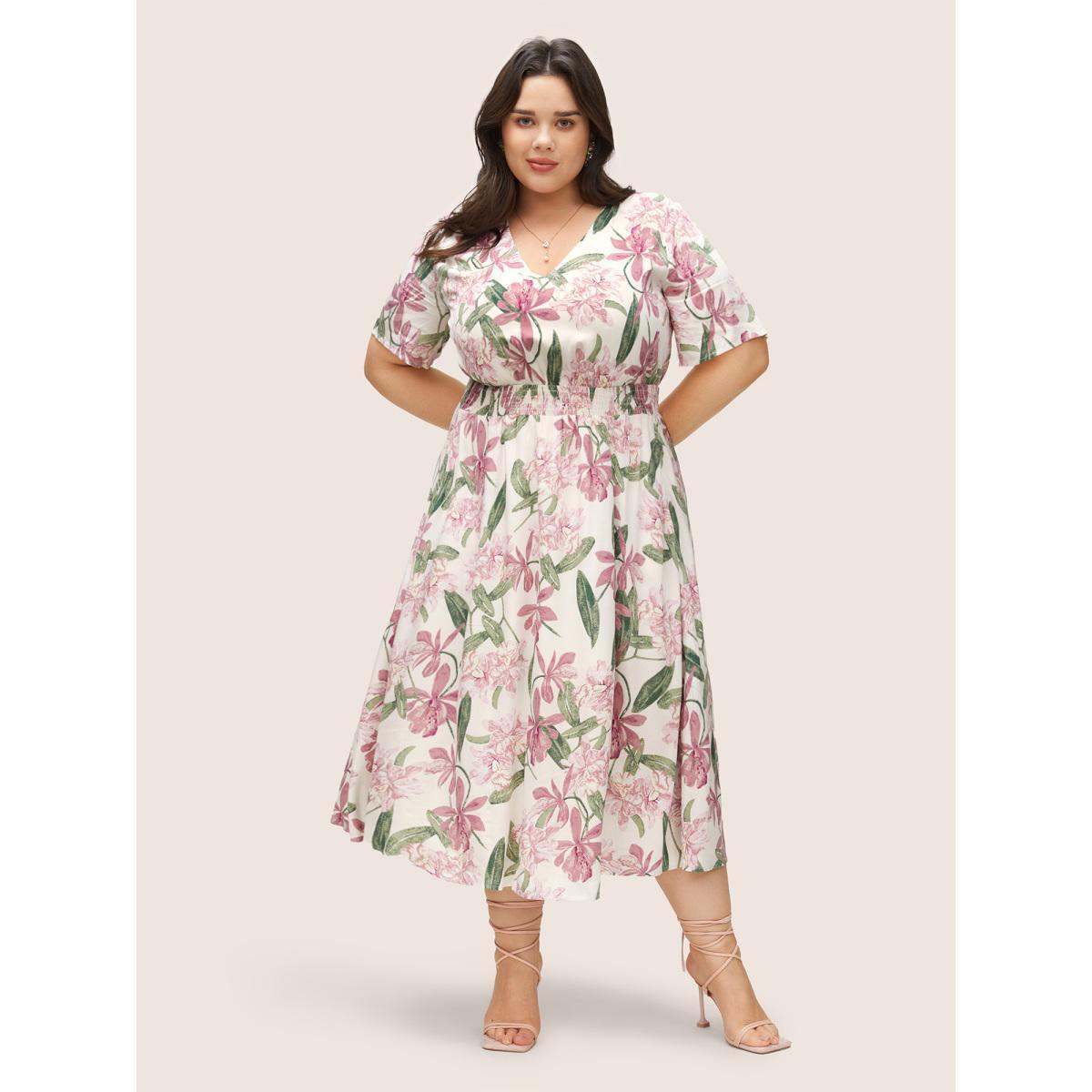 Plus Size Floral Print Elastic Waist Shirred Dress White Women Elegant Non V-neck Short sleeve Curvy Midi Dress BloomChic 14-16/1X Product Image