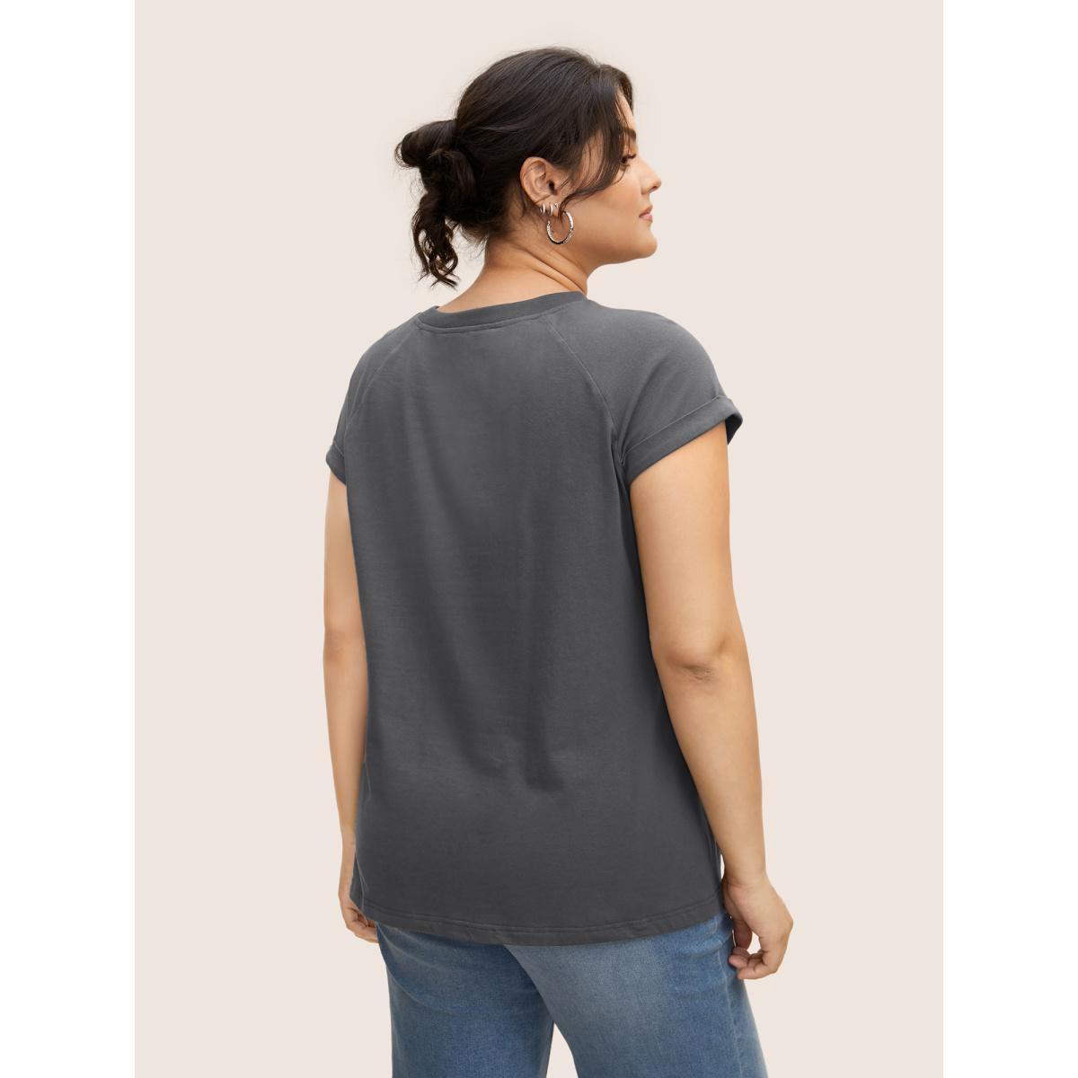 Plus Size Cotton Solid Crew Neck Roll Sleeve T-shirt DimGray Women Casual Roll Hem Round Neck Everyday T-shirts BloomChic 14-16/1X Product Image