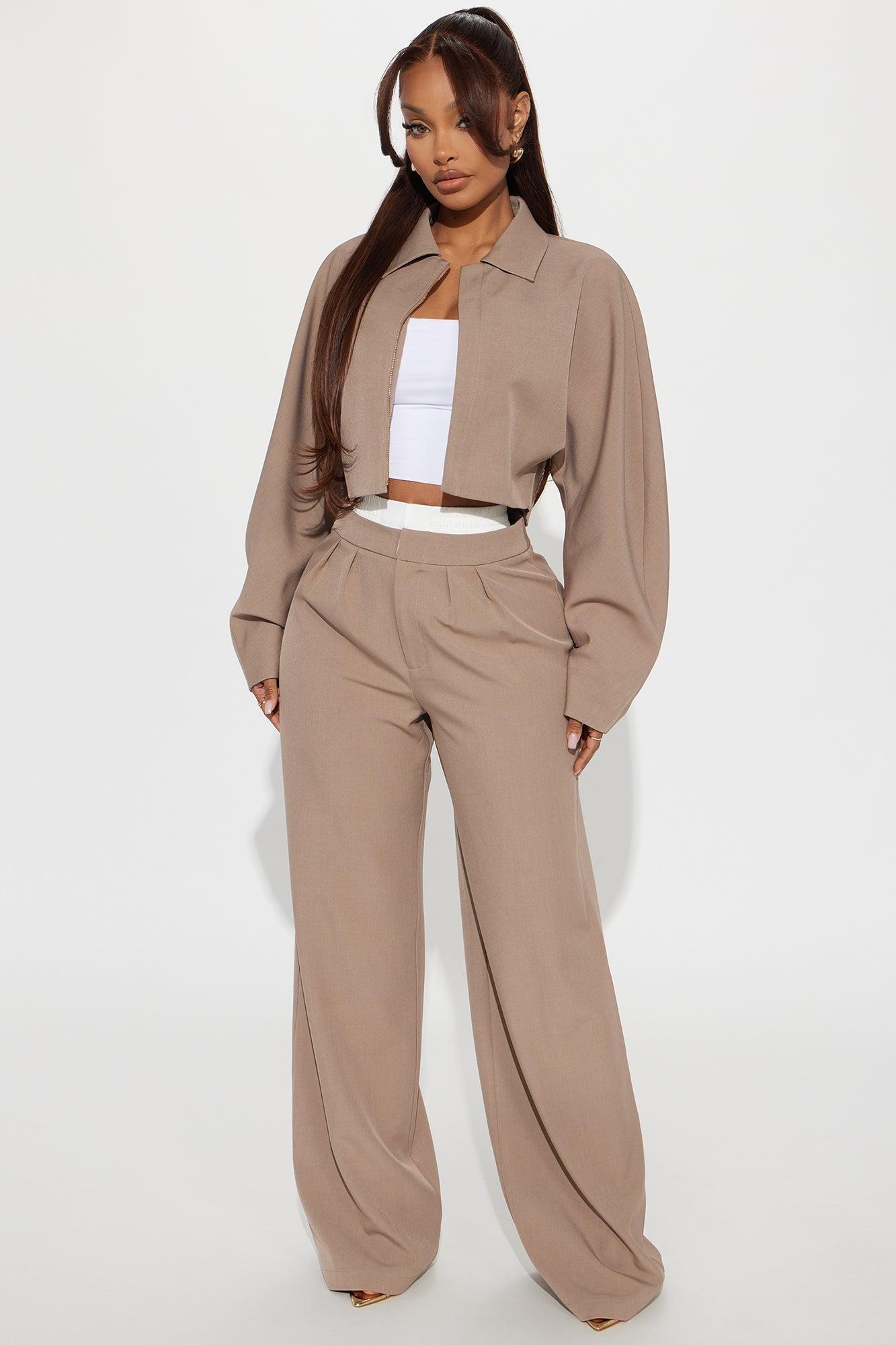 Maya Contrast Waistband Pant Set - Taupe Product Image