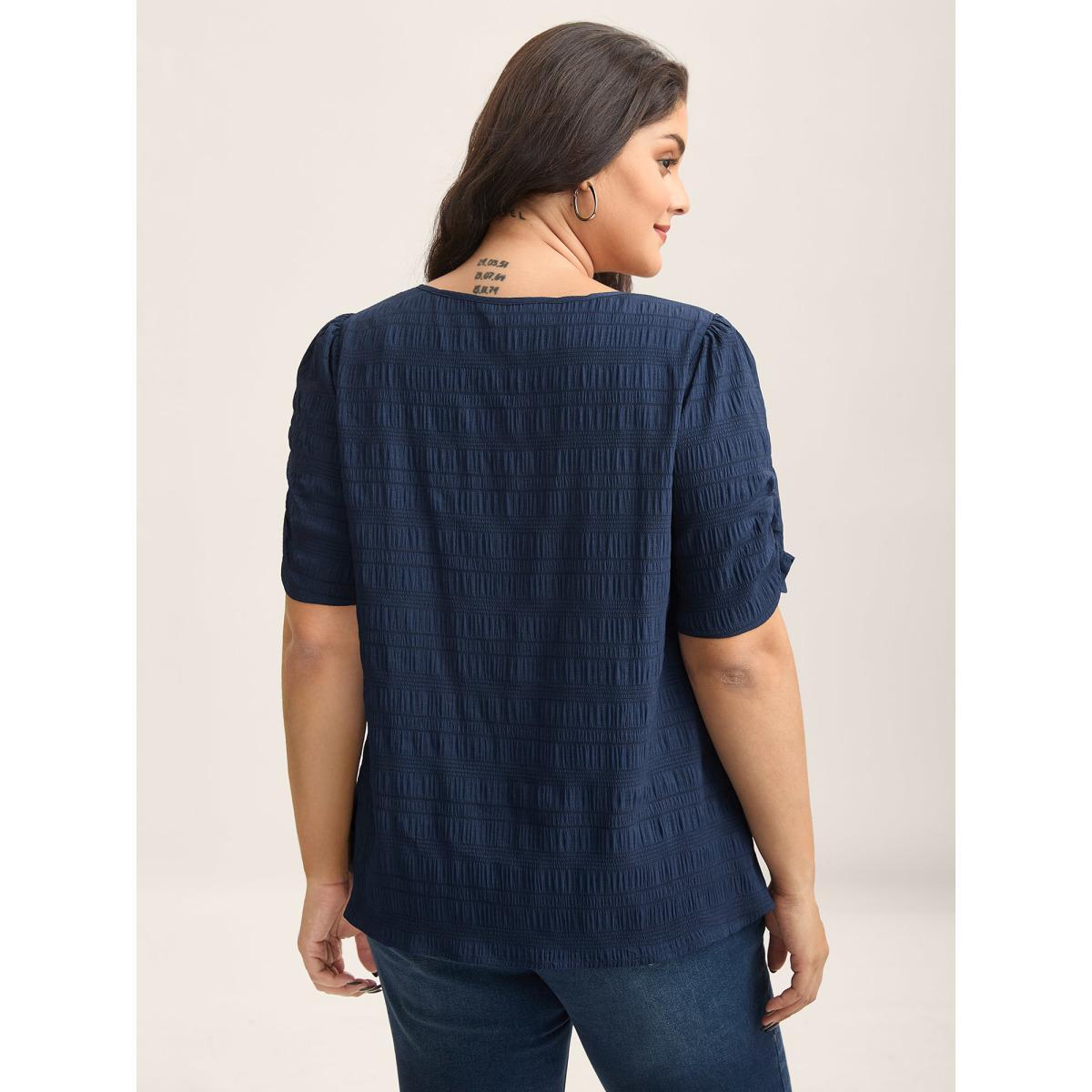 Plus Size DarkGreen Textured Gathered Sleeve Split Neck Blouse Women Short sleeve Asymmetrical Neck Work Blouses BloomChic 28/5X Product Image