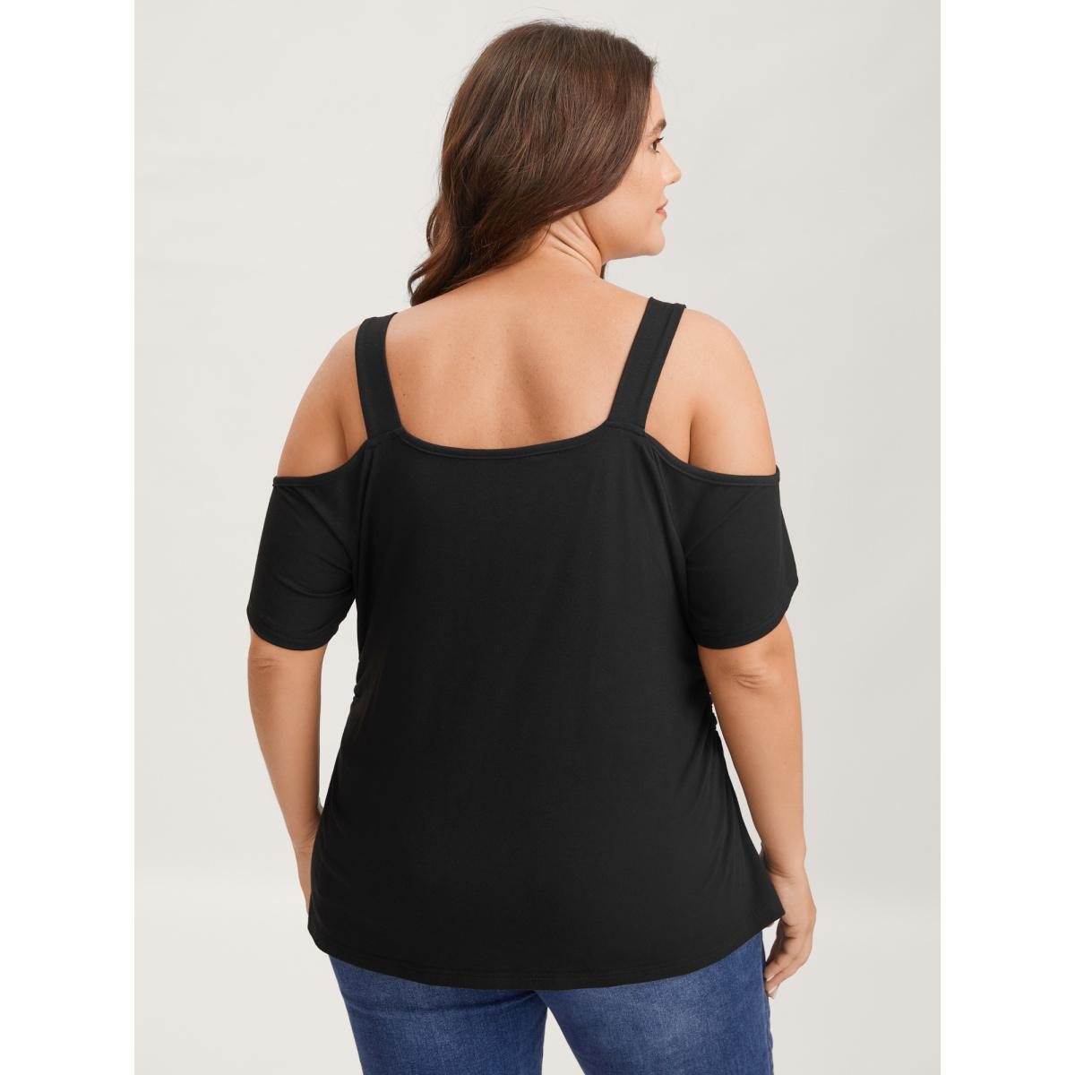 Plus Size Lace Trim Cowl Neck Off-Shoulder T-Shirt Black Women Cowl Neck Everyday-Casual T-shirts BloomChic 10/M Product Image