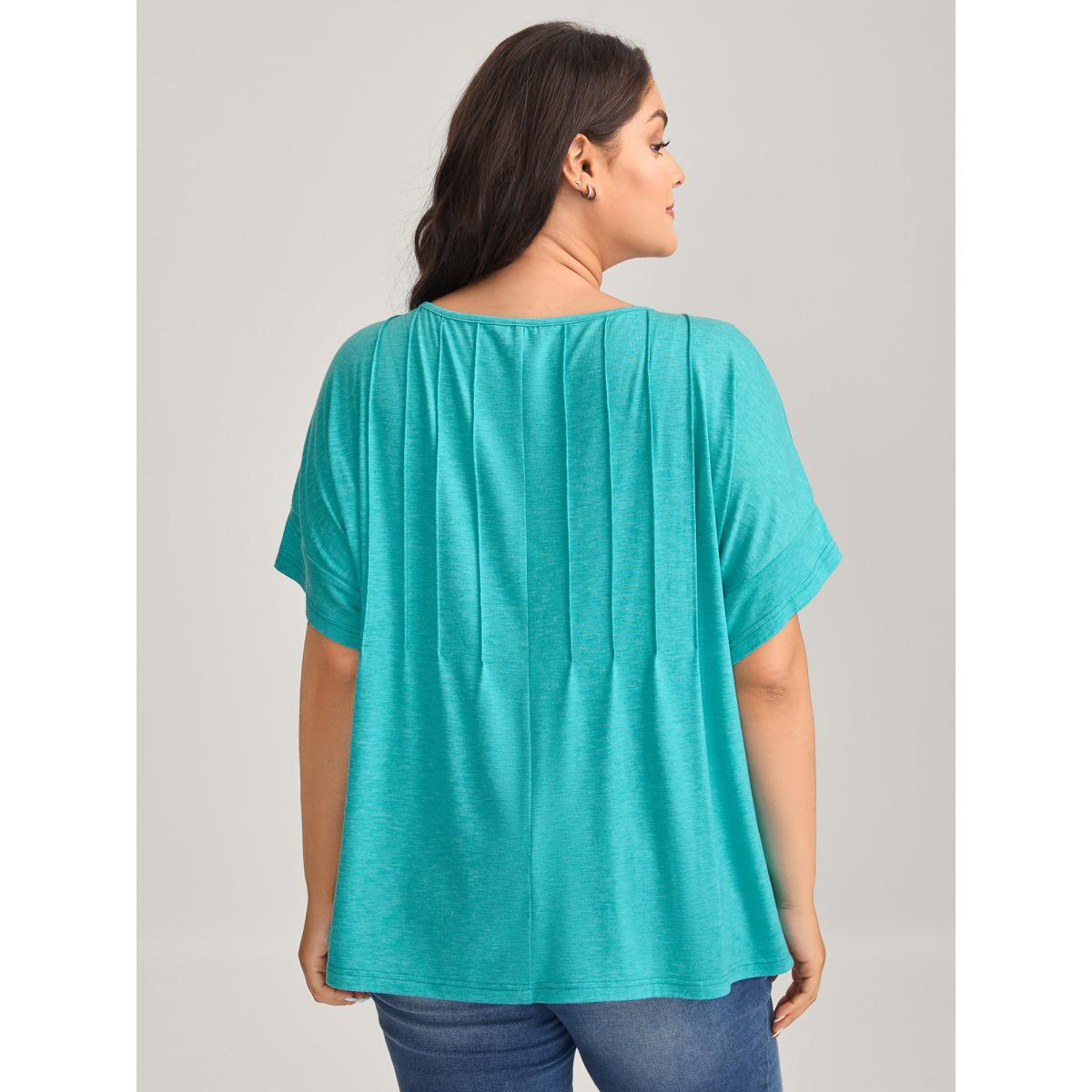 Plus Size Pleated Neck-Tie Solid T-Shirt Arctic Women Tucked seam Round Neck Everyday-Casual T-shirts BloomChic 12/L Product Image
