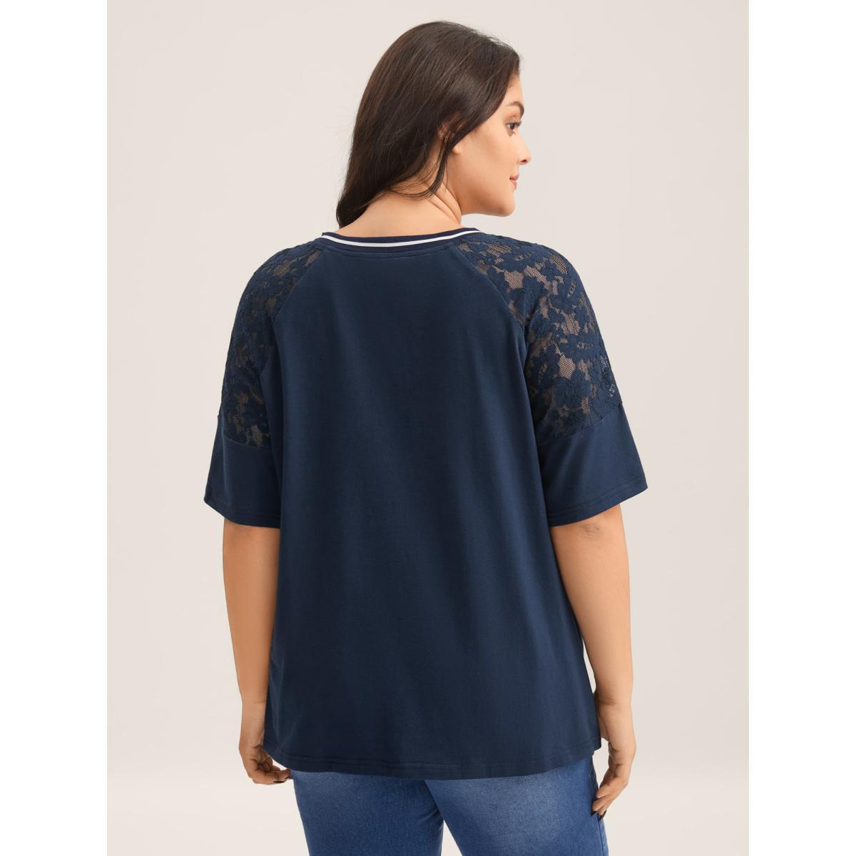 Plus Size Supersoft Sheer Floral Sleeve V-Neck T-Shirt Indigo Women See through V-neck Everyday-Casual T-shirts BloomChic 28/5X Product Image