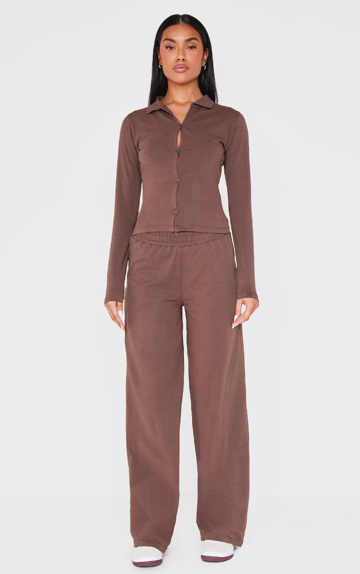  Chocolate Button Up Jersey Fitted Top Product Image