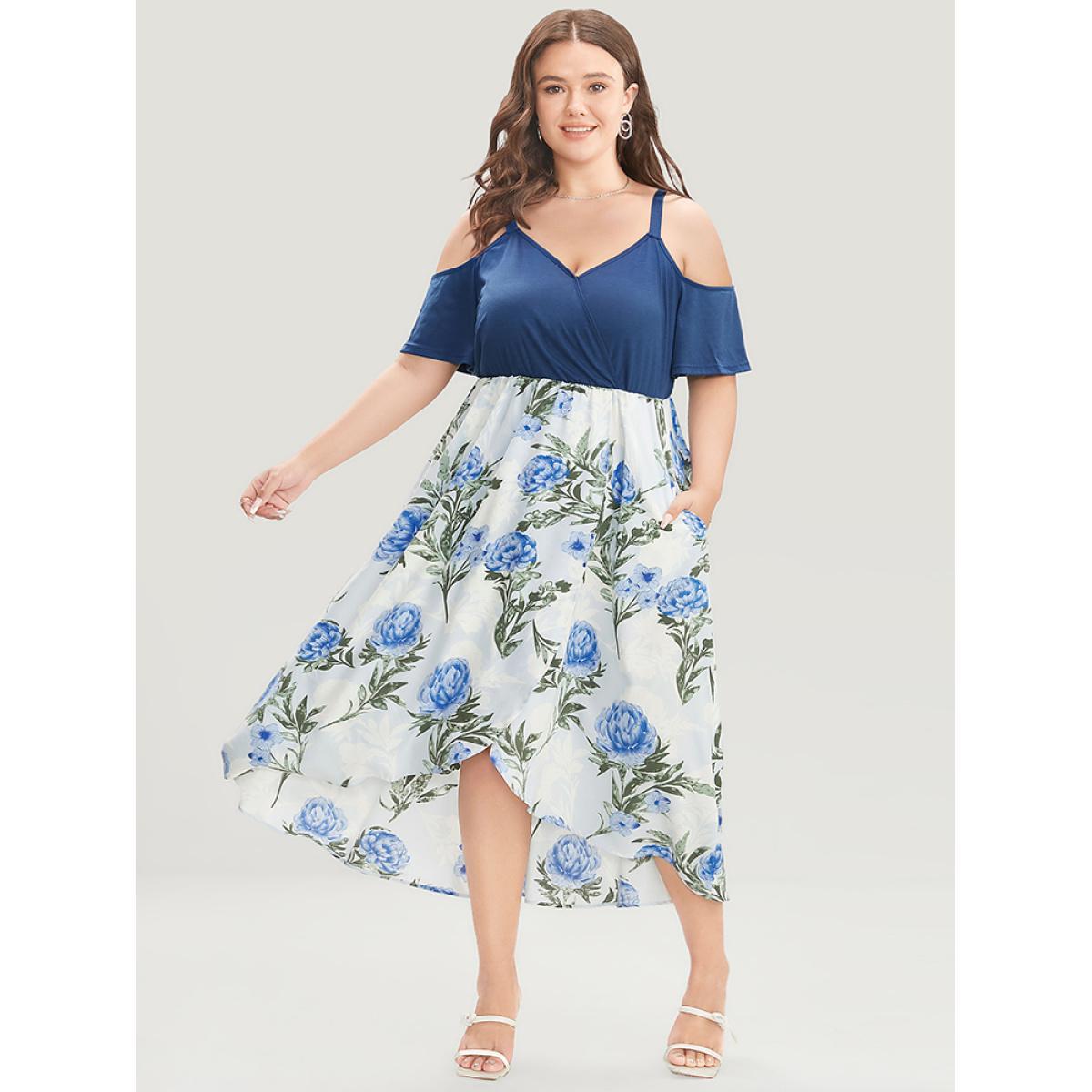 Plus Size Floral Patchwork Cold Shoulder Pocket Asymmetrical Hem Dress Indigo Women Elegant Adjustable Straps Cold Shoulder Short sleeve Curvy Midi Dress BloomChic 22-24/3X Product Image