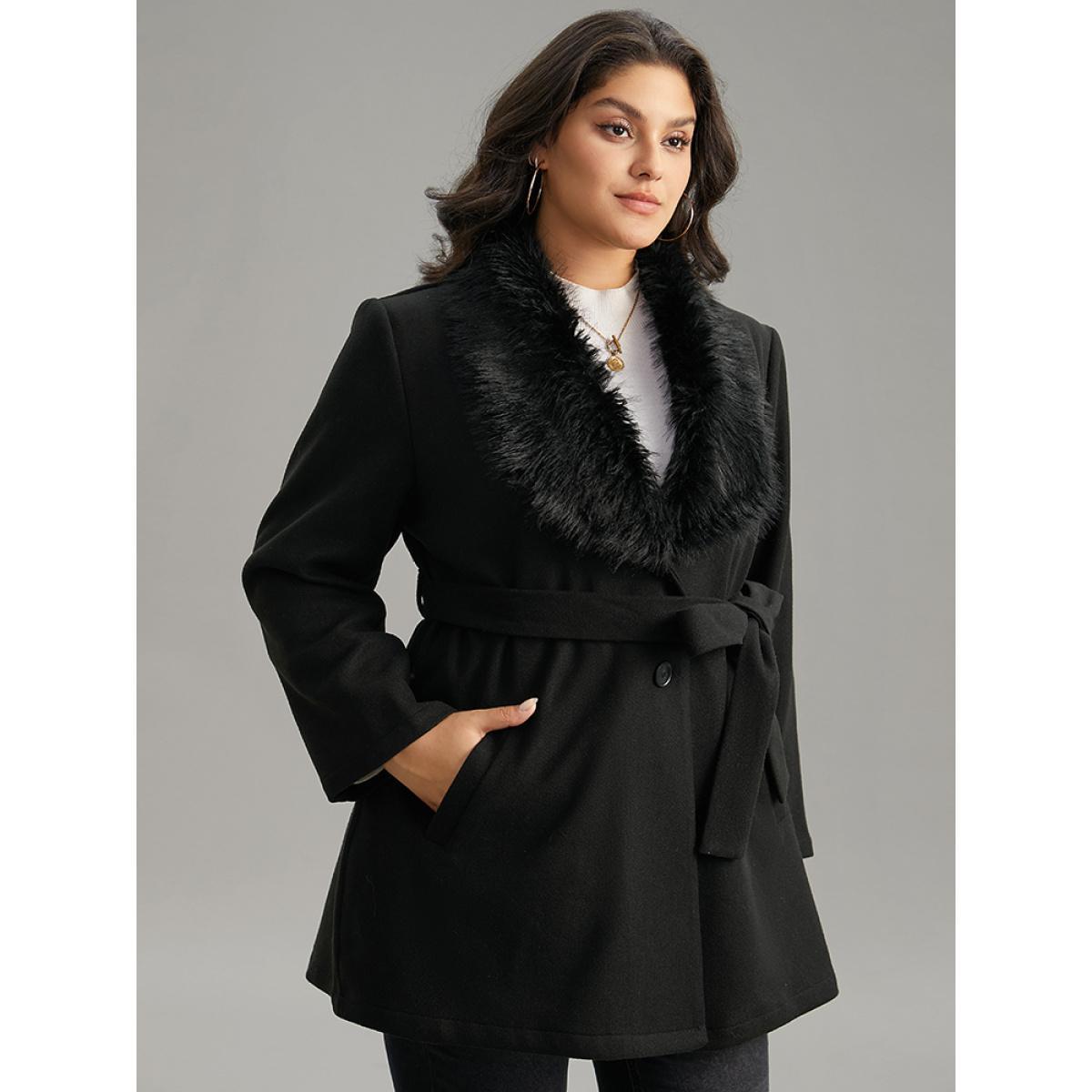 Plus Size Plain Fuzzy Trim Patchwork Belted Coat Women Black Casual Plain Ladies Dailywear Winter Coats BloomChic 18-20/2X Product Image