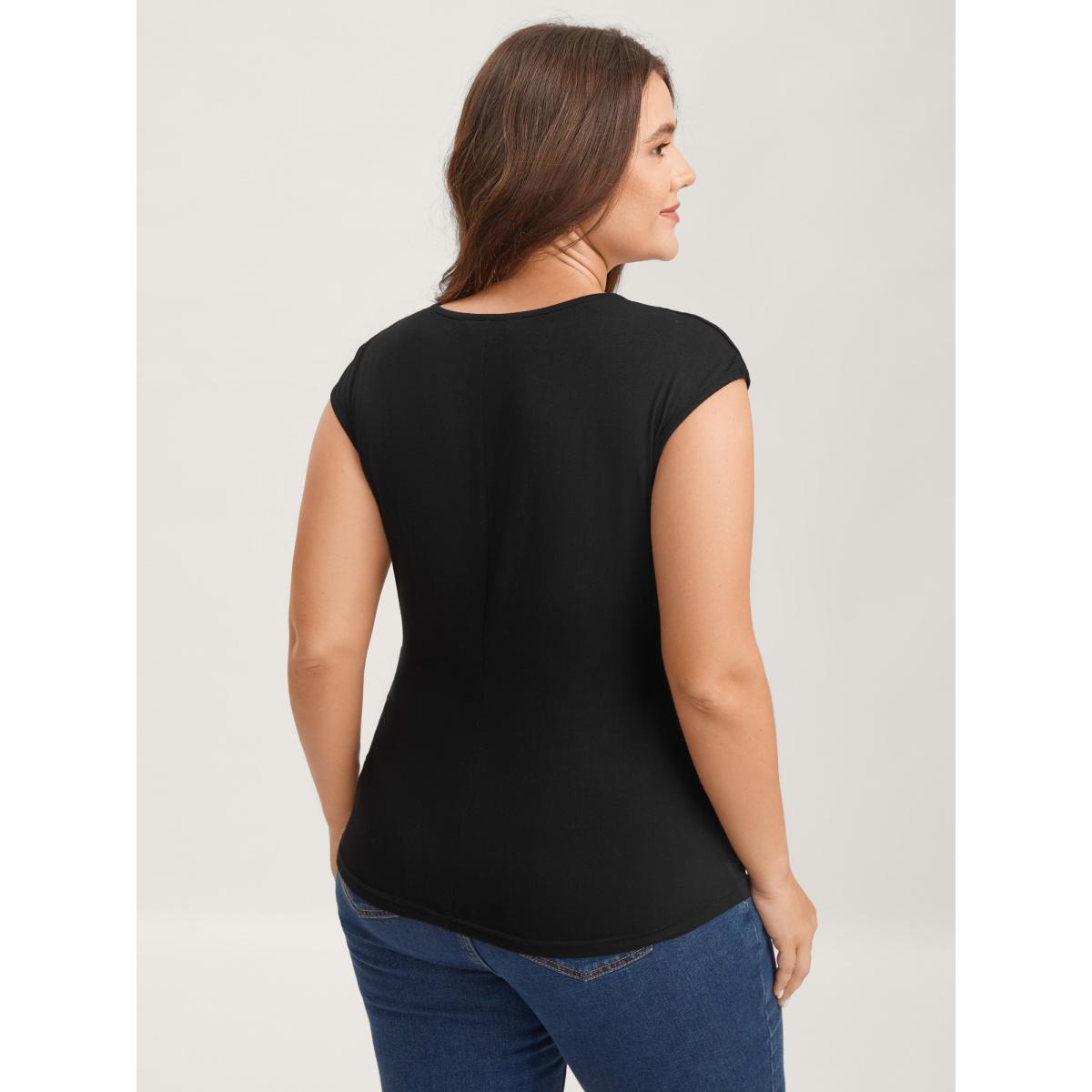 Plus Size Overlap Knit Sweetheart Neck T-Shirt Black Women Overlap Collar Everyday-Elegant T-shirts BloomChic 14-16/1X Product Image