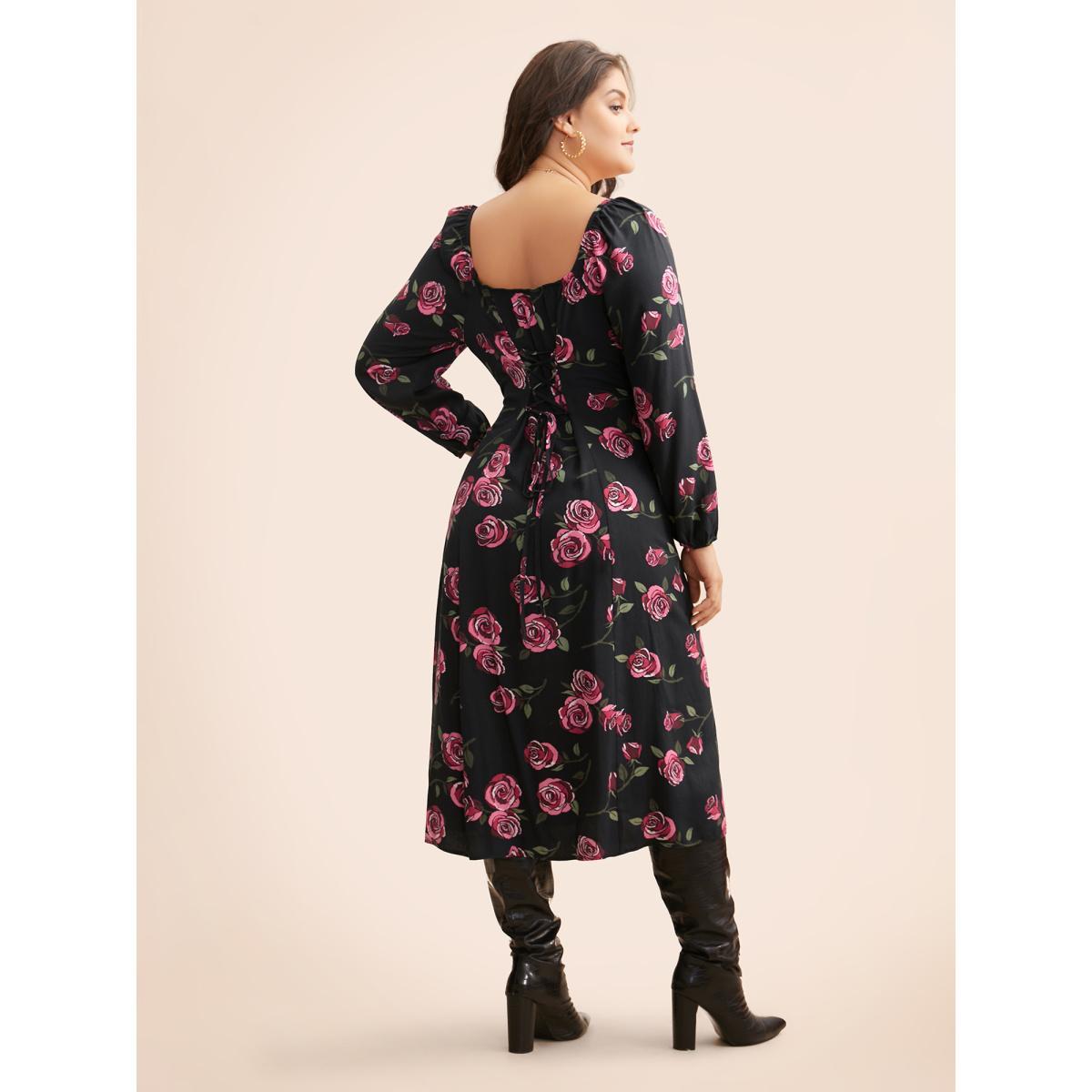 Plus Size Floral Heart Neckline Cross Straps Dress Black Women Elegant Cross straps Heart neckline Long Sleeve Curvy BloomChic 26/4X Product Image