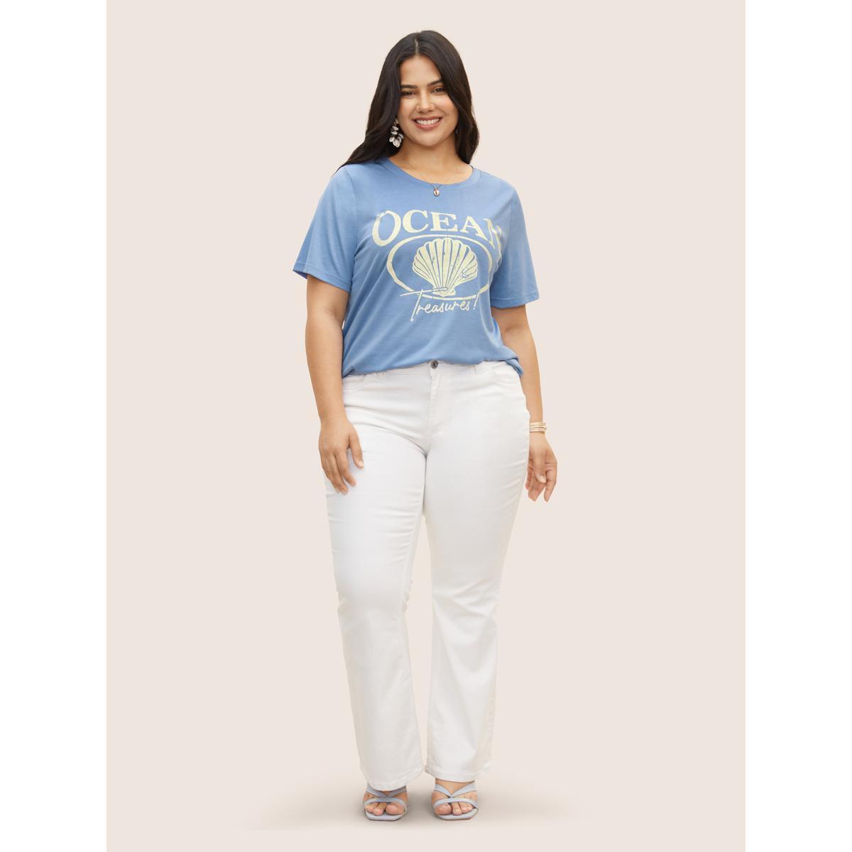 Plus Size Round Neck Sea Shells Print T-shirt Stone Women Resort Contrast Marine Round Neck Vacation T-shirts BloomChic 26/4X Product Image