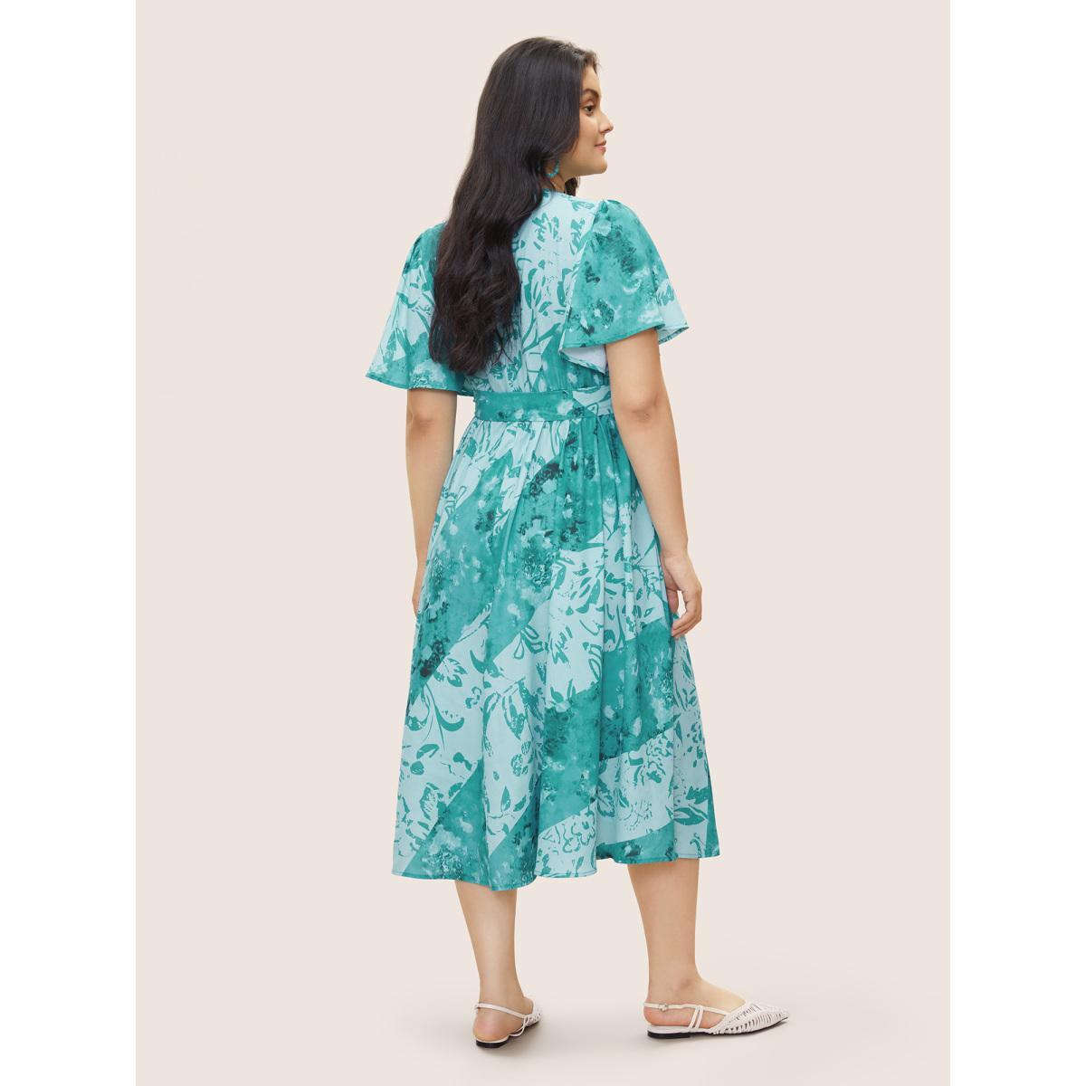 Plus Size Graphic Elastic Waist Belted Wrap Dress Turquoise Women Resort Non Overlap Collar Short sleeve Curvy Midi Dress BloomChic 22-24/3X Product Image