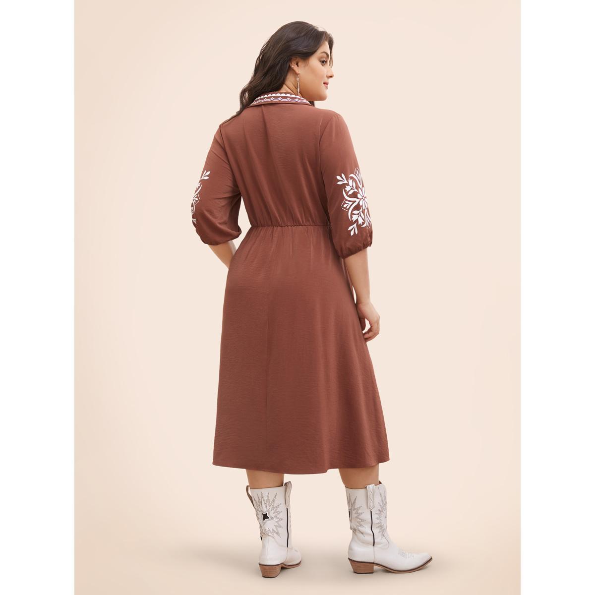 Plus Size Precision Printing Waist-Cinching Midi Dress Rust Women Resort Contrast Lapel Collar Elbow-length sleeve Curvy BloomChic 28/5X Product Image