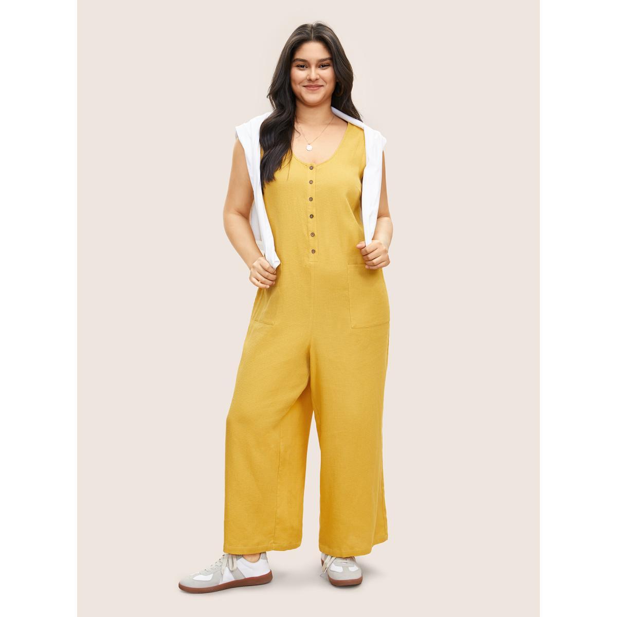 Plus Size Gold Solid Textured Scoop Neck Patched Pocket Jumpsuit Women Casual Sleeveless Everyday Loose Jumpsuits BloomChic 26/4X Product Image