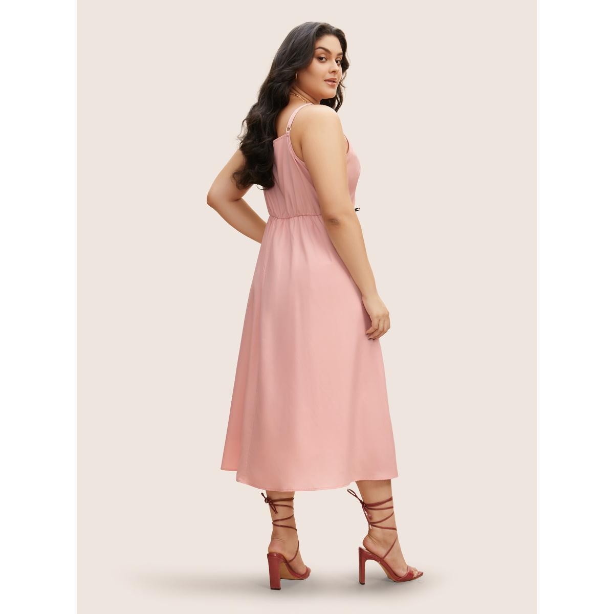 Plus Size Solid Lace Patchwork Tie Knot Midi Dress Blush Women Elegant Woven ribbon&lace trim V-neck Sleeveless Curvy BloomChic 26/4X Product Image
