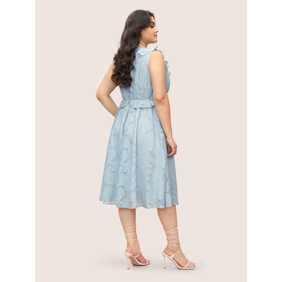Plus Size Plisse Ruffle Trim Gathered Sleeveless Dress LightBlue Women Elegant Texture V-neck Sleeveless Curvy BloomChic 14-16/1X Product Image