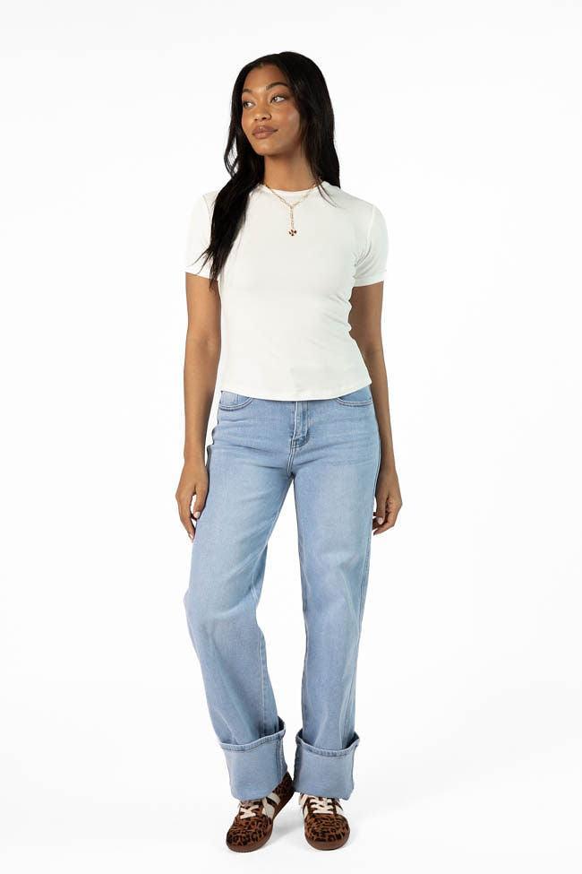 Everyday Essential Ivory Ribbed Crew Neck Tee SALE Product Image