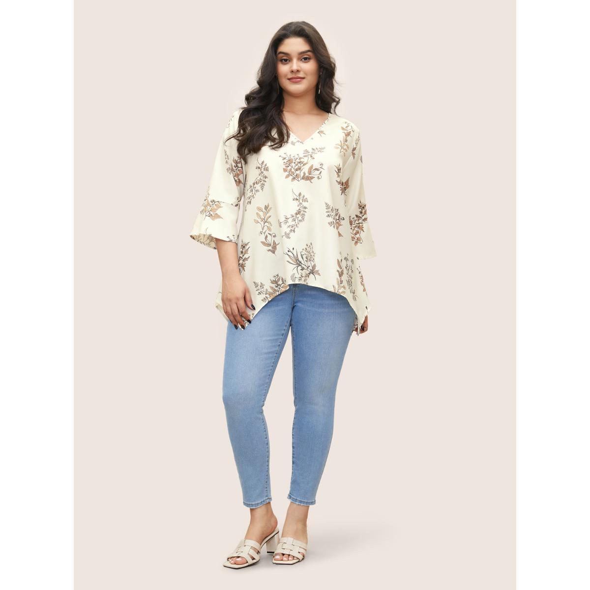 Plus Size Apricot Plants Print Asymmetrical Hem Bell Sleeve Blouse Women Elegant Elbow-length sleeve V-neck Everyday Blouses BloomChic 10/M Product Image