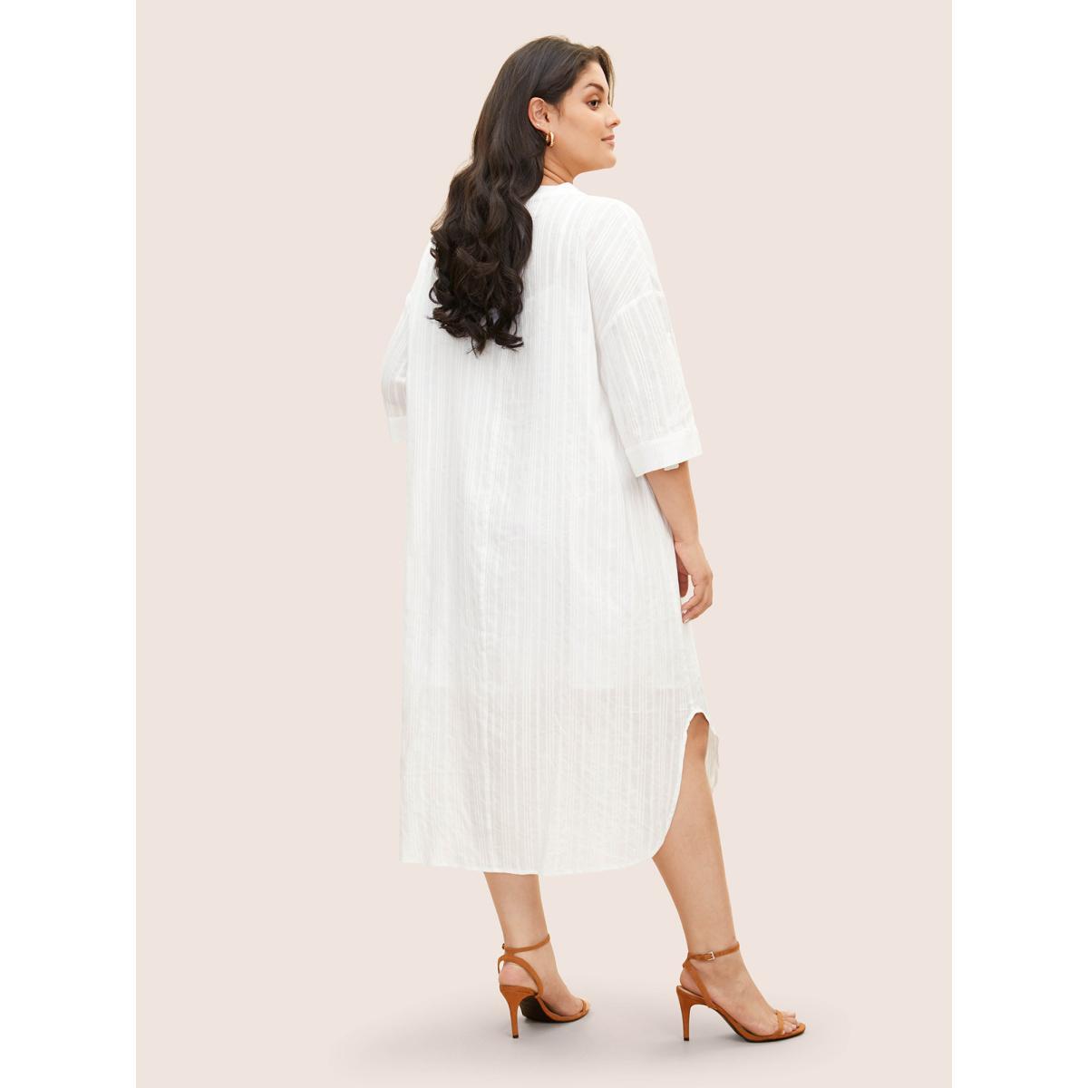 Plus Size Notched Mesh Patched Pocket Button Cuff Sleeve Dress Originalwhite Women At the Office Texture Flat collar with V-notch Elbow-length sleeve Curvy BloomChic 14-16/1X Product Image