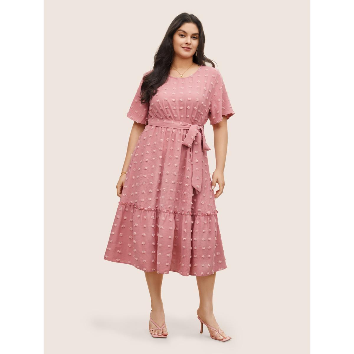 Plus Size Solid Textured Patchwork Frill Trim Belted Dress Watermelon Women Elegant Non Round Neck Short sleeve Curvy Midi Dress BloomChic 26/4X Product Image