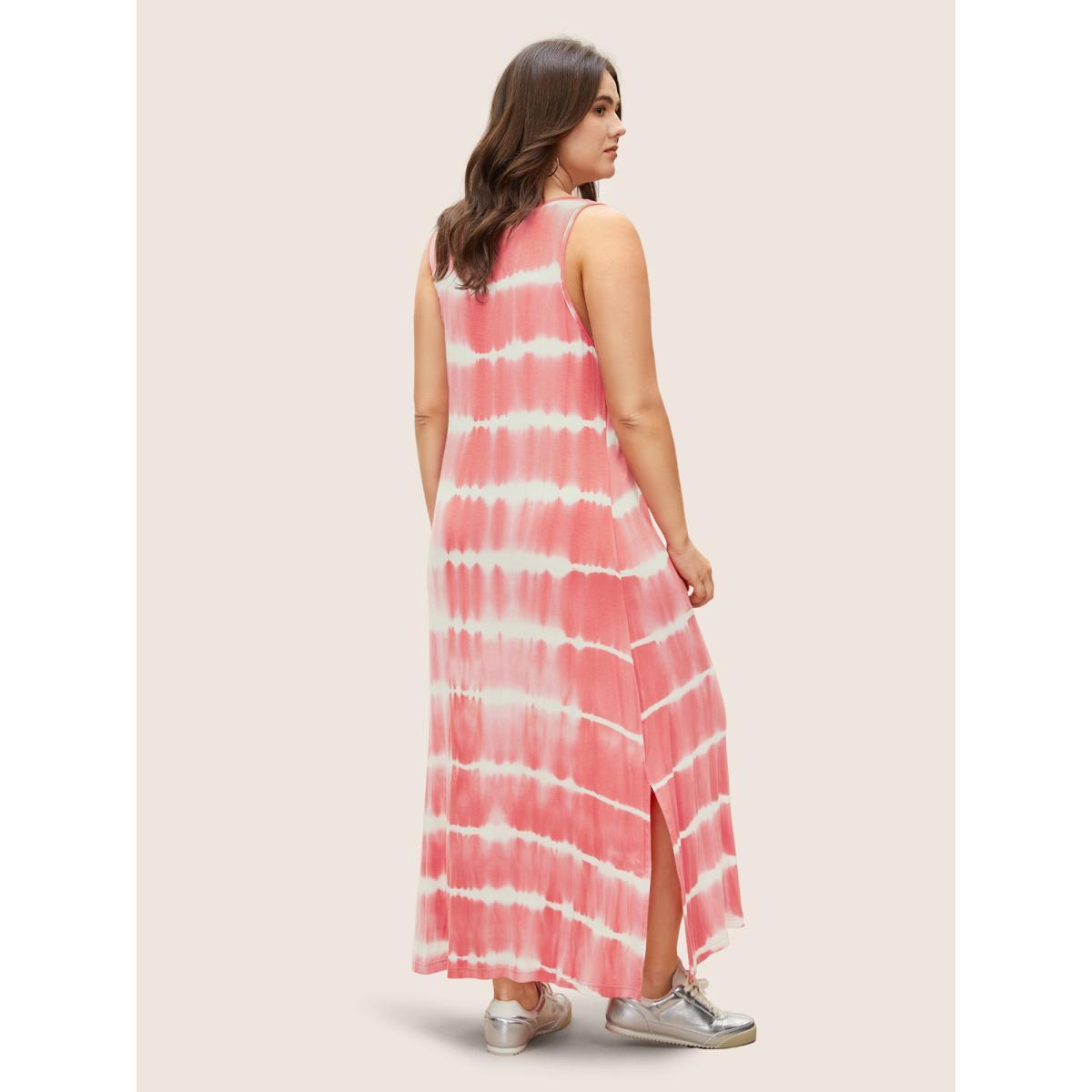 Plus Size U Neck Tie Dye Split Hem Tank Dress Pink Women Casual Non U-neck Sleeveless Curvy Midi Dress BloomChic 28/5X Product Image