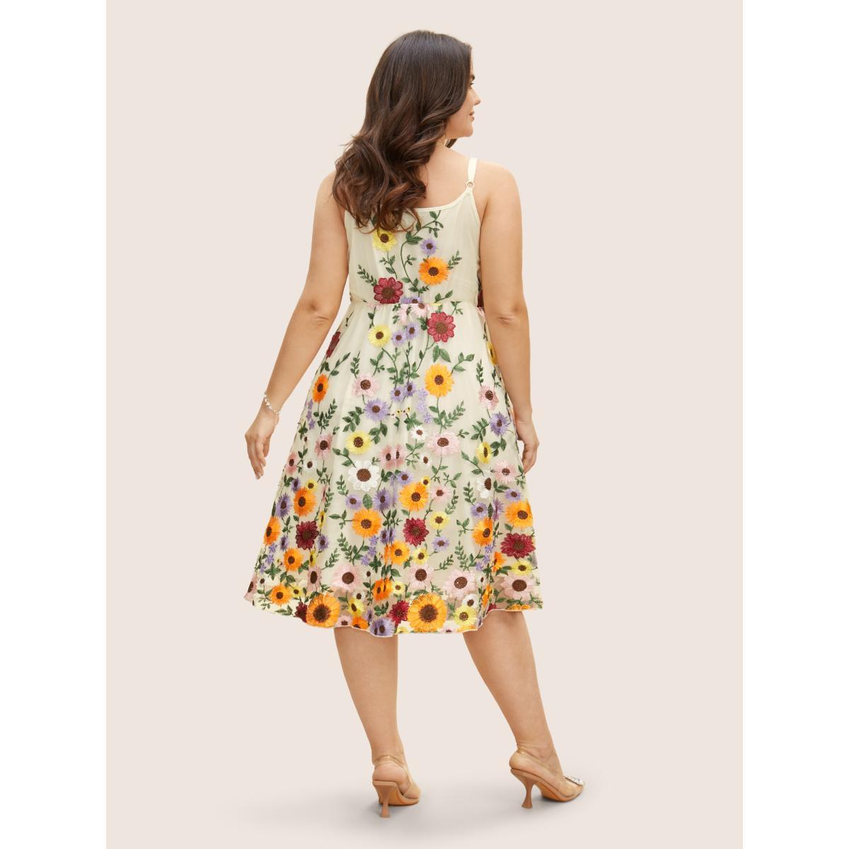Plus Size V Neck Floral Embroidered Mesh Cami Dress Ivory Women Formal Embroidered V-neck Sleeveless Curvy BloomChic 30/6X Product Image